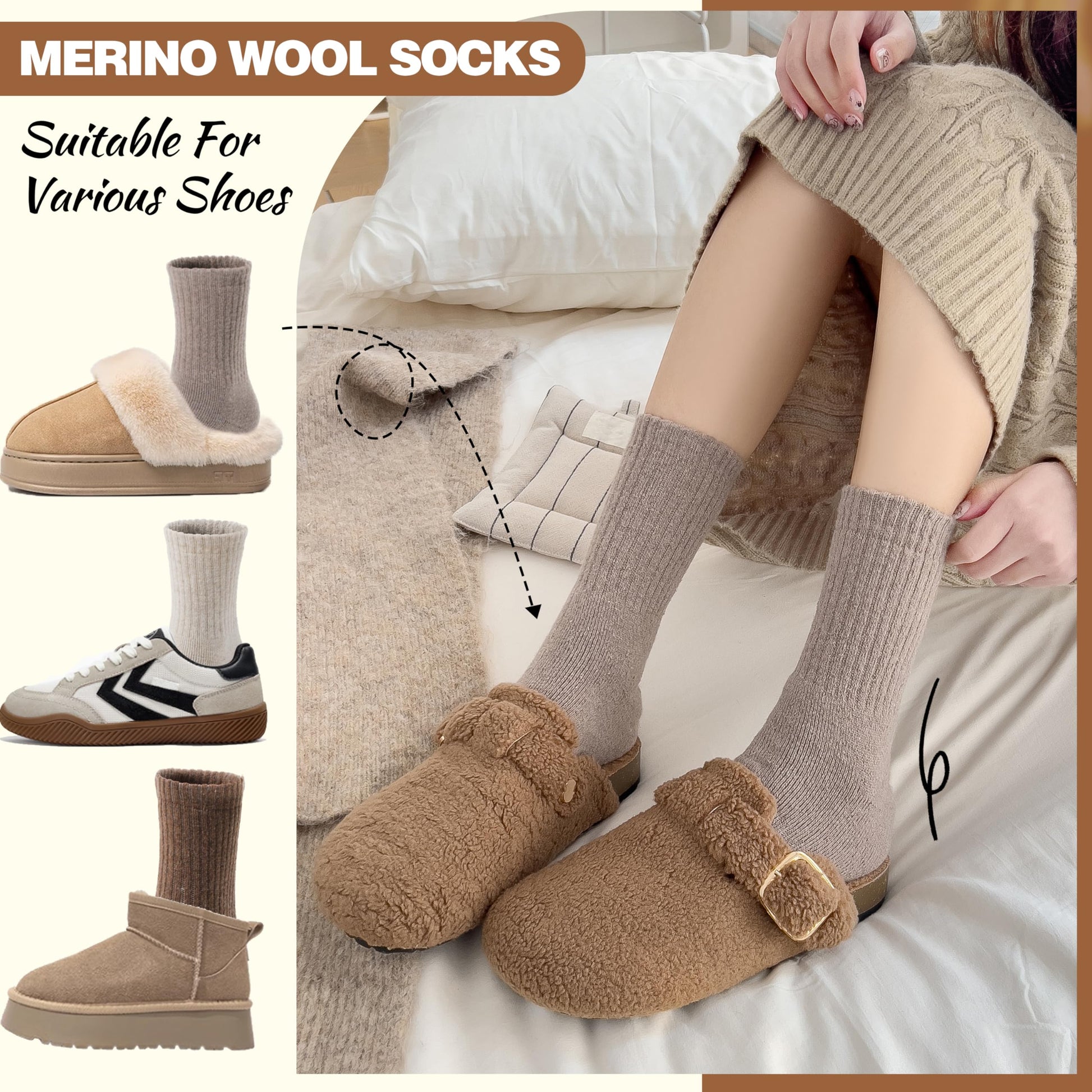 EBMORE Merino Wool Boot Socks Warm Thermal Winter Thick Hiking Cozy Boot Crew Comfy Socks 5 Pairs for Women Gifts Stocking Stuffers(Beige/White/Black/Khaki)