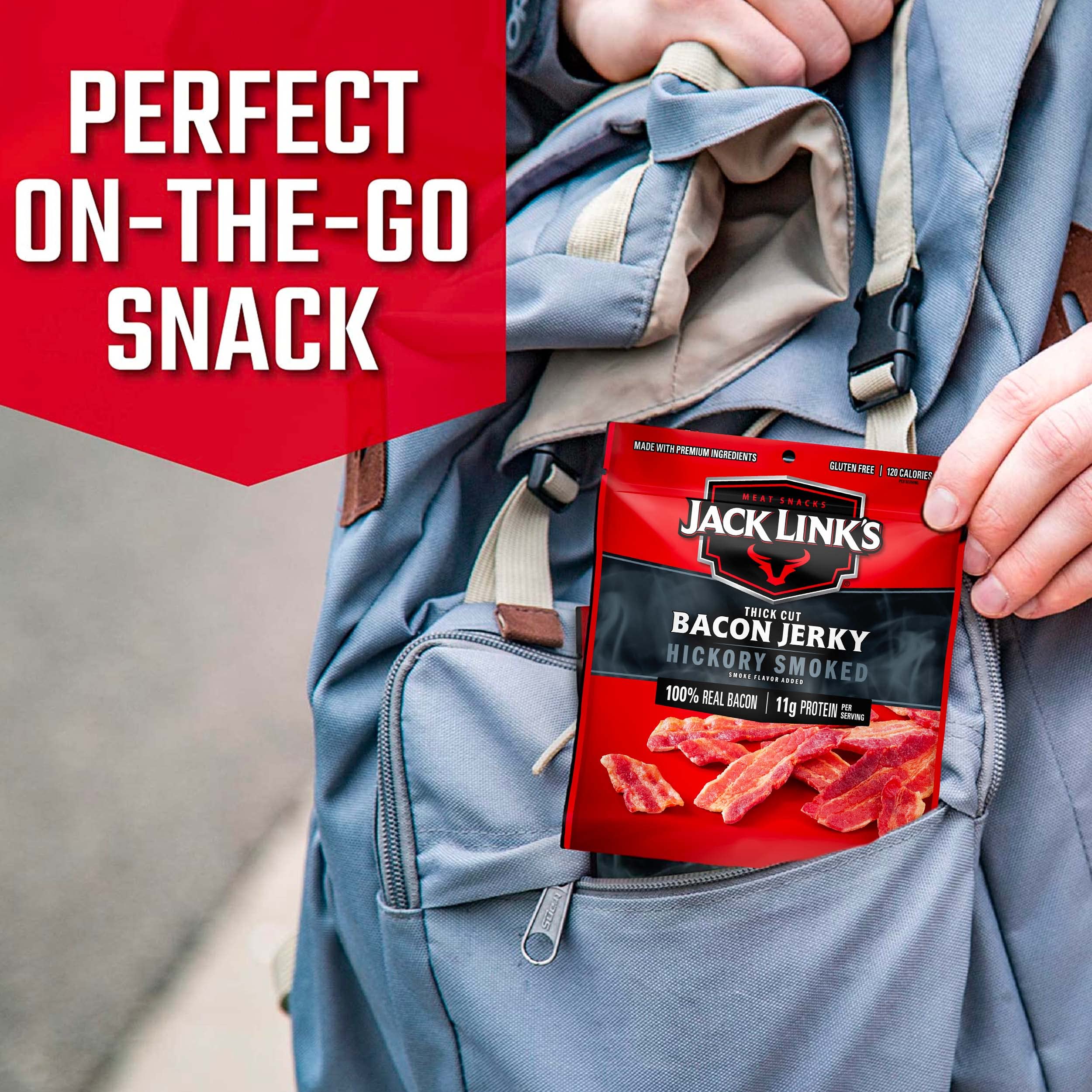 Jack Link's Bacon Jerky, Hickory Smoked - Flavorful Ready to Eat Meat Snack with 11g of Protein per Serving, Made with 100% Thick Cut Real Bacon, Protein Snack, Keto Friendly, 2.5 oz.