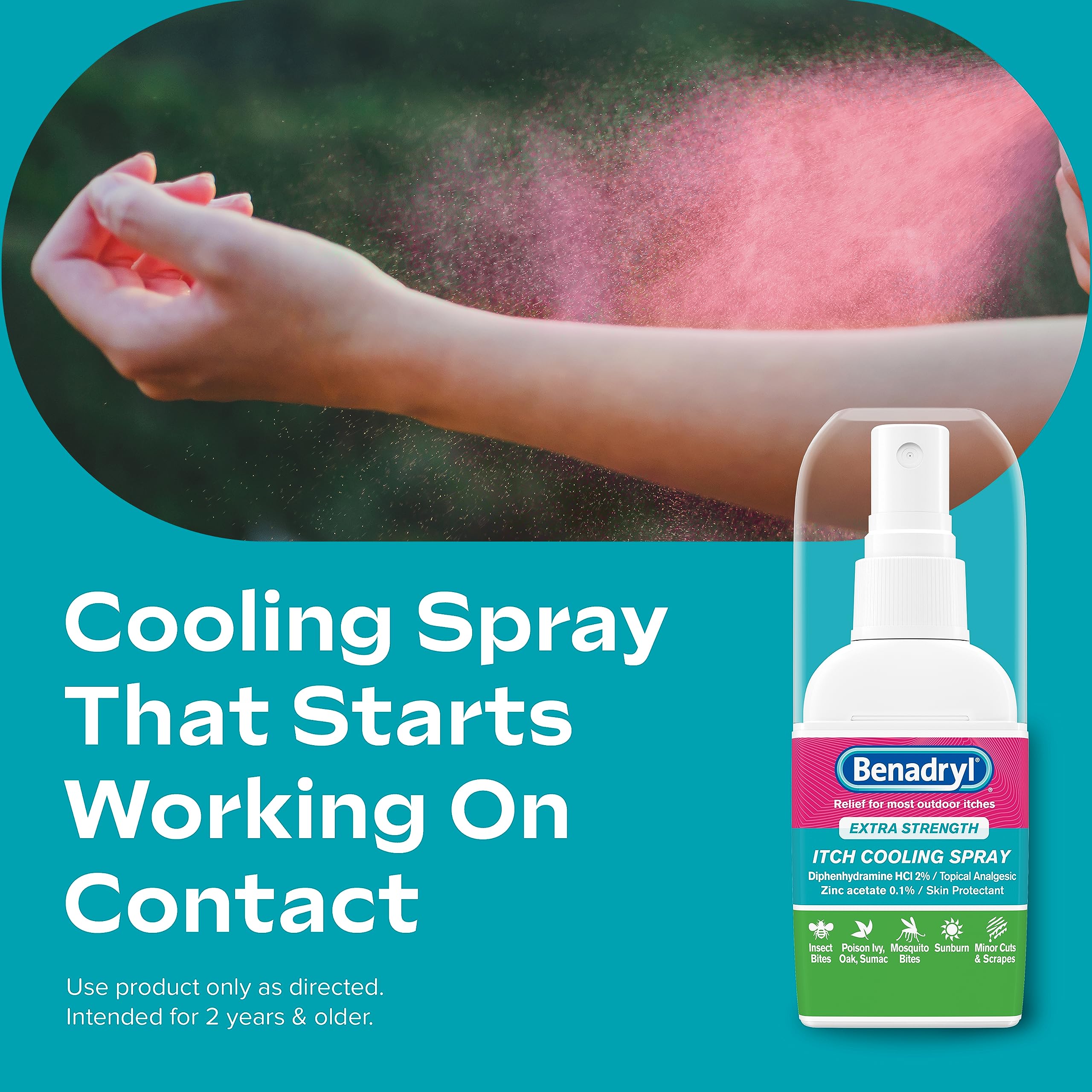 Benadryl Extra Strength Itch Cooling Spray, Topical Analgesic Spray with Diphenhydramine HCI & Zinc Acetate Skin Protectant for Fast Relief from Insect Bites, Travel Size, 2 fl. oz
