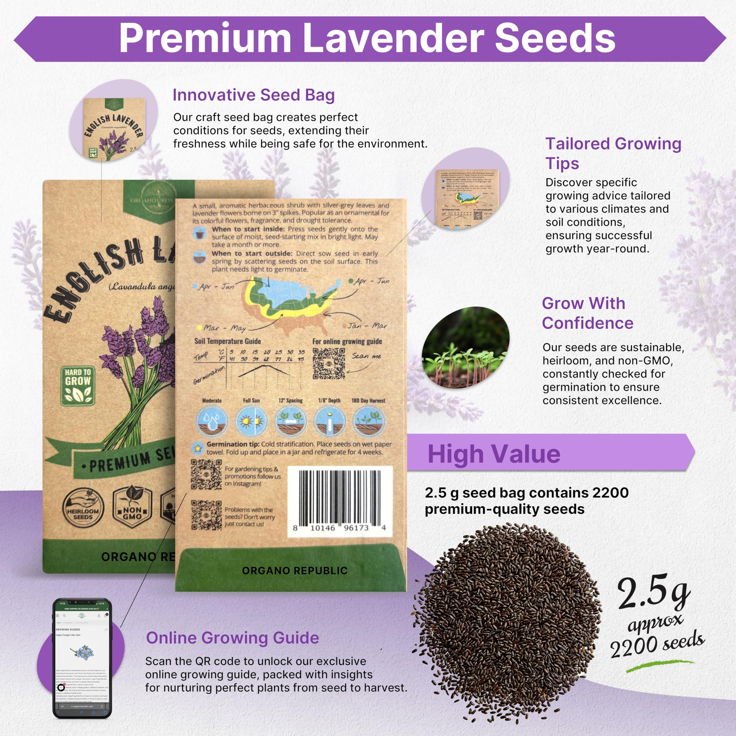 English Lavender Seeds Pack 2.50G - Over 2200 Non-GMO Heirloom Lavender Seeds for Planting Herbs in Individual Seed Packet, Herbs Seeds for Planting Home Garden Indoor & Outdoor Gardening