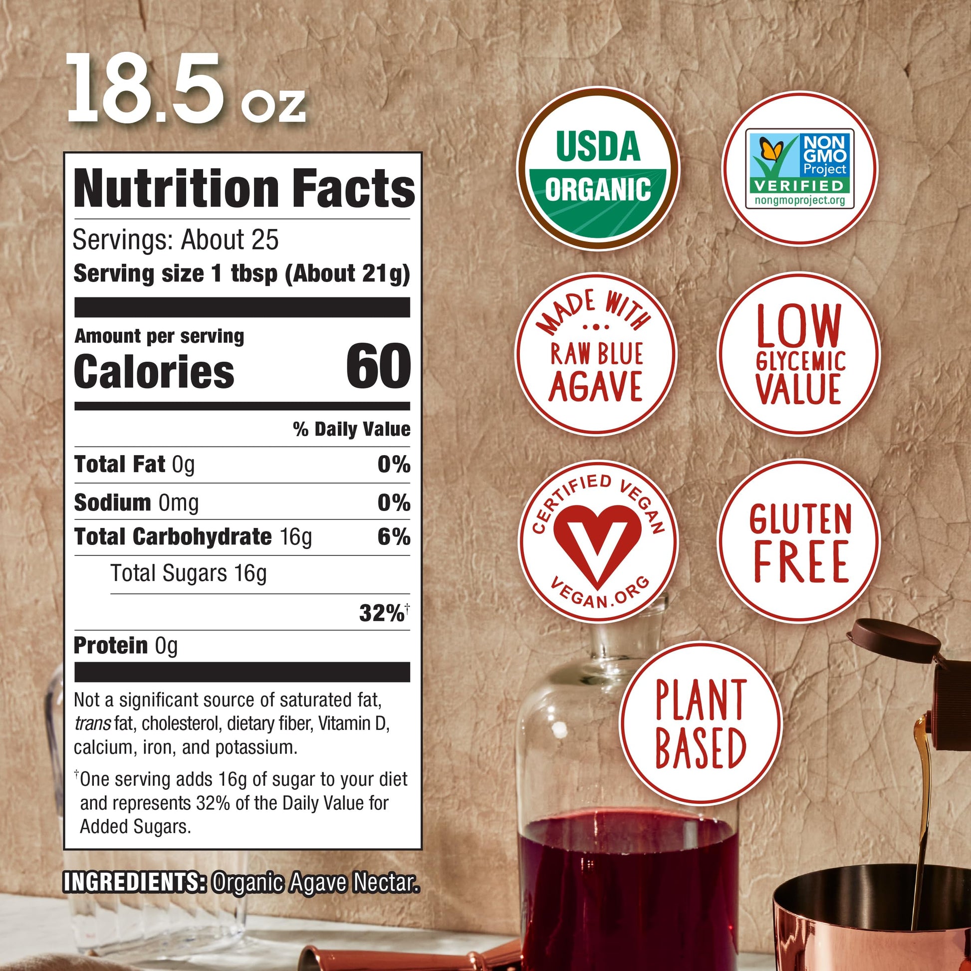 Organic Agave In The Raw Agave Nectar, 18.5 oz., Made With Organic Blue Agave From Mexico, USDA Organic, Non-GMO Project Verified, Kosher Vegan and Low Glycemic Index