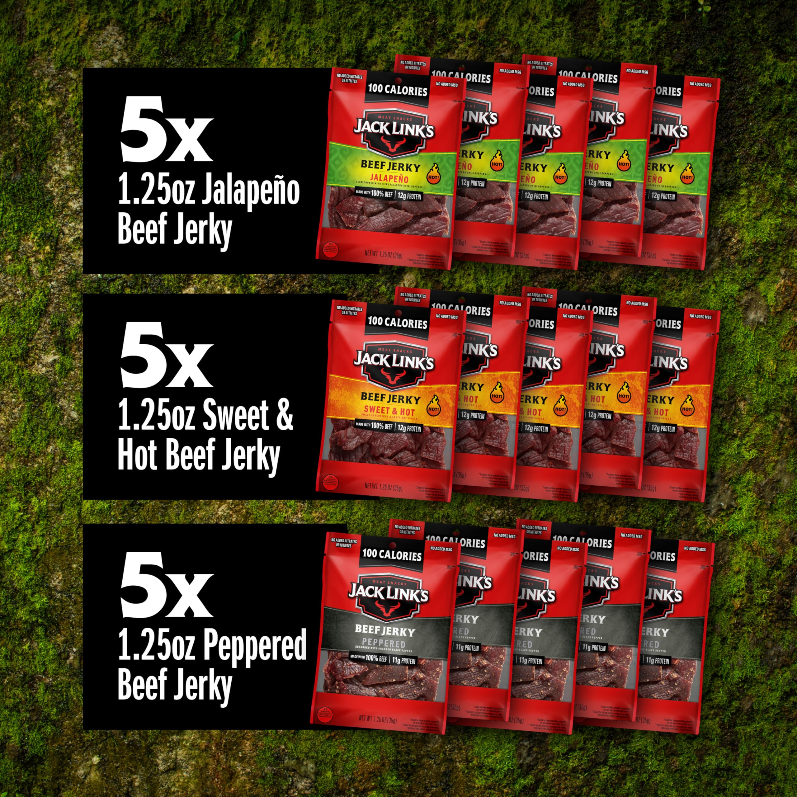 Jack Link's Beef Jerky Bold Variety Pack - Includes Sweet & Hot, Jalapeno and Peppered Jerky, Bulk Protein Snack Pack, Good Source of Protein, Meat Snacks Made with 100% Beef - 1.25 Oz (Pack of 15)