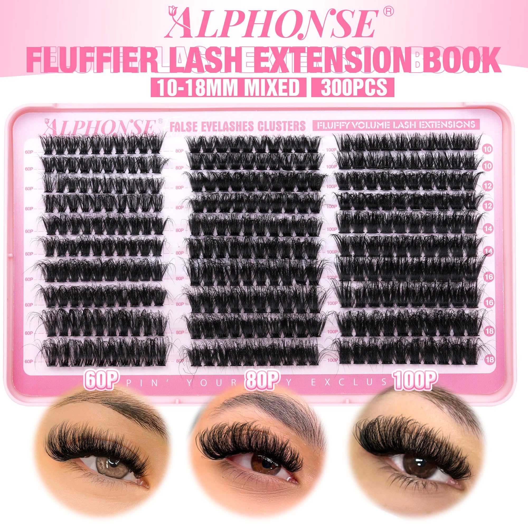 Fluffier Lash Clusters Thick Volume Lash Extension 10-18mm Cluster Eyelash Extensions DIY Individual Lashes Wispy at Home Pestañas Pelo a Pelo by ALPHONSE (60D+80D+100D, 300pcs)