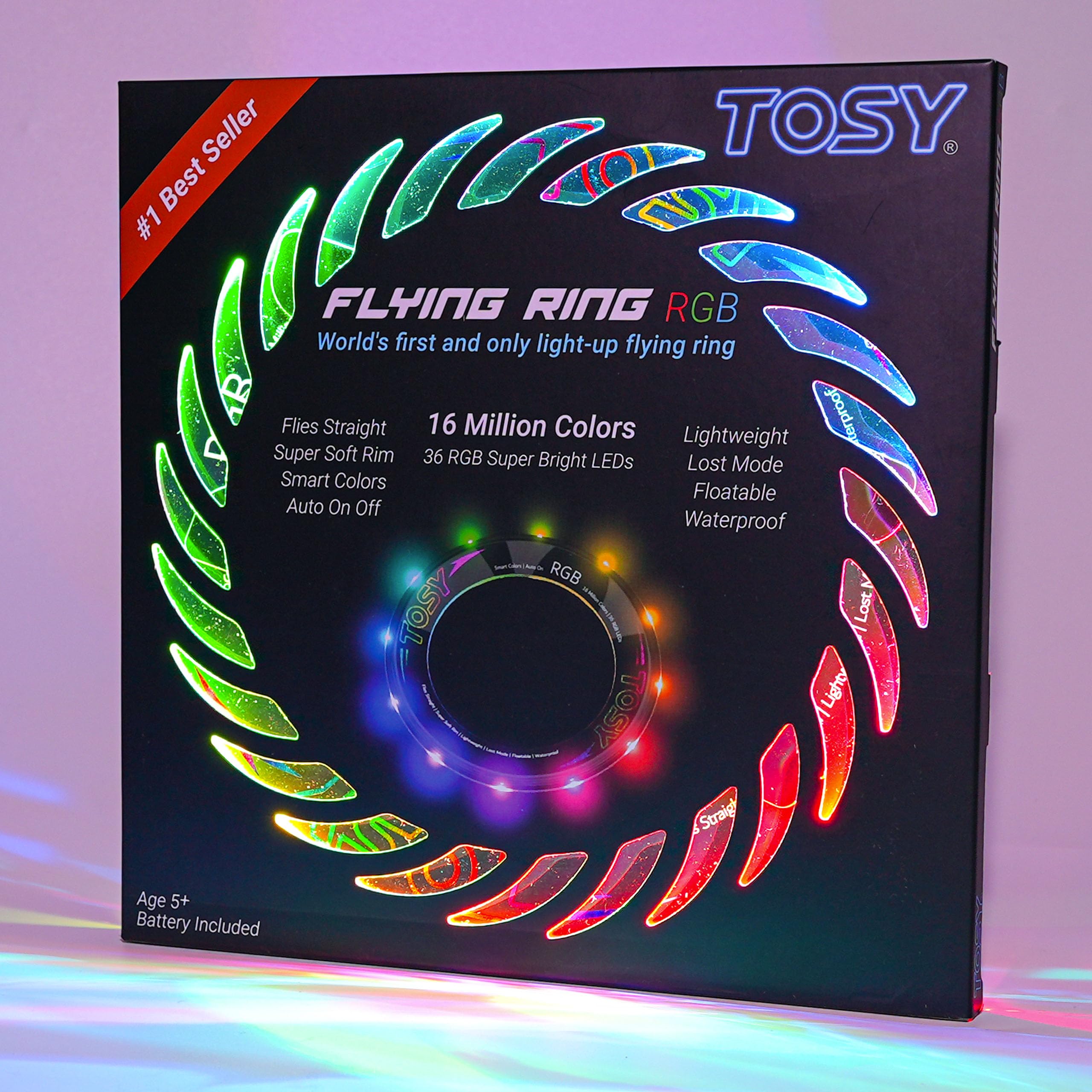 TOSY Flying Ring - 16 Million Color RGB LEDs, Super Bright, Lost Mode, Auto Light Up, Camping Essentials for Kids/Teens/Boy/Girl, Safe & Soft, Waterproof, Pool/Beach Games, Lightweight Toy