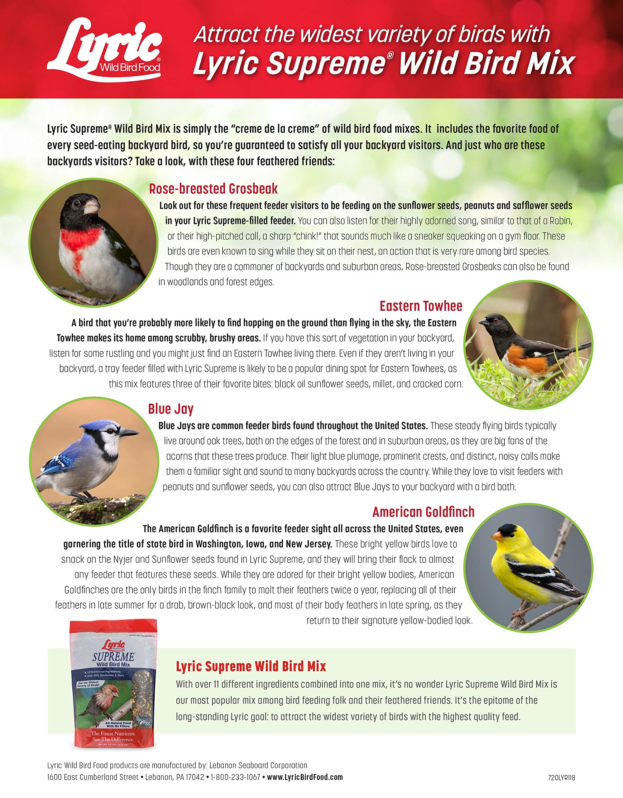 Lyric Supreme Wild Bird Seed - Wild Bird Food Mix with Nuts & Sunflower Seeds - Attracts Many Beautiful Songbirds - 40 lb bag