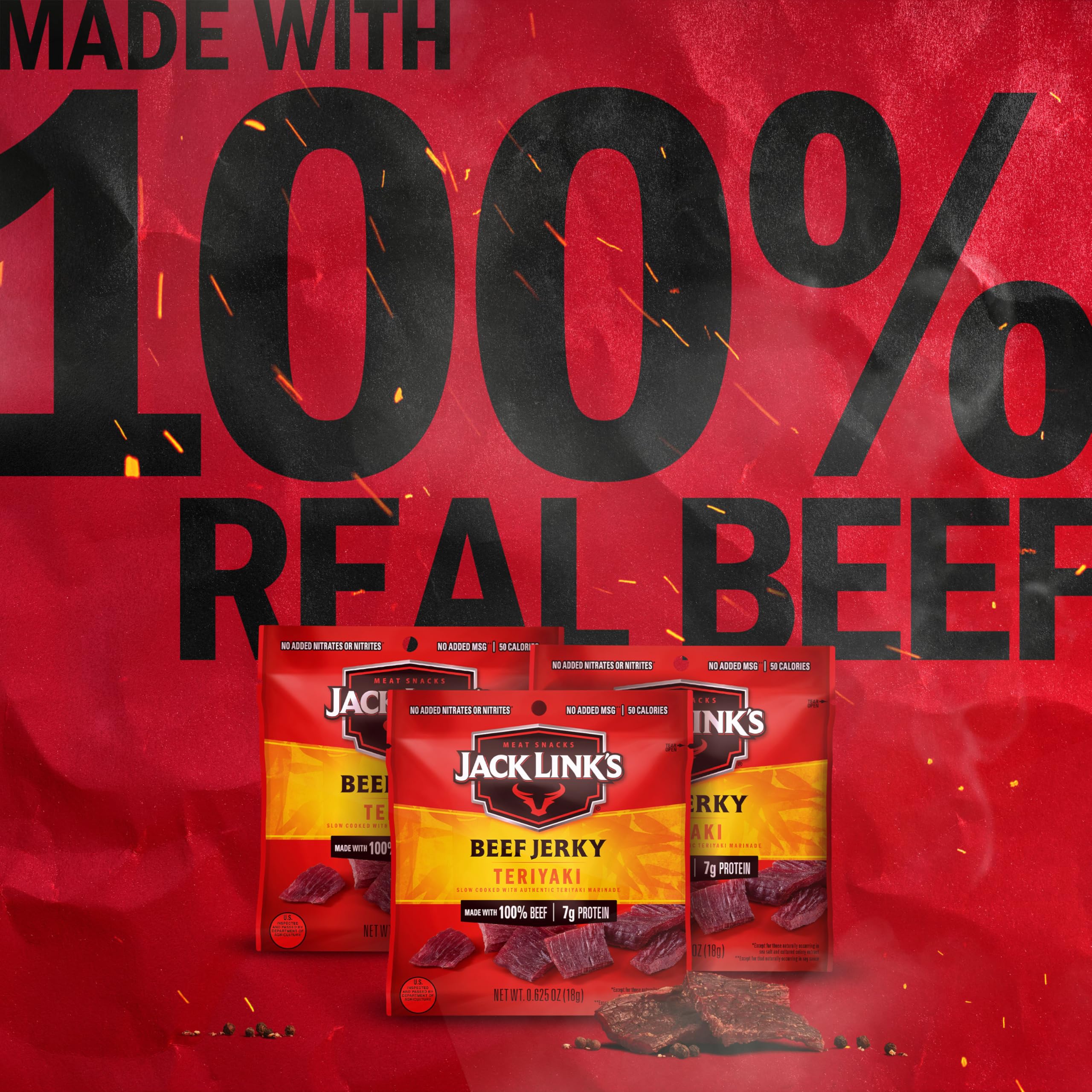 Jack Link's Beef Jerky, Teriyaki, Multipack Bags - Flavorful Meat Snacks for Lunches, Ready to Eat Protein Snacks, Individual Packs - 7g of Protein, Made with 100% Beef - 0.625 oz (Pack of 20)