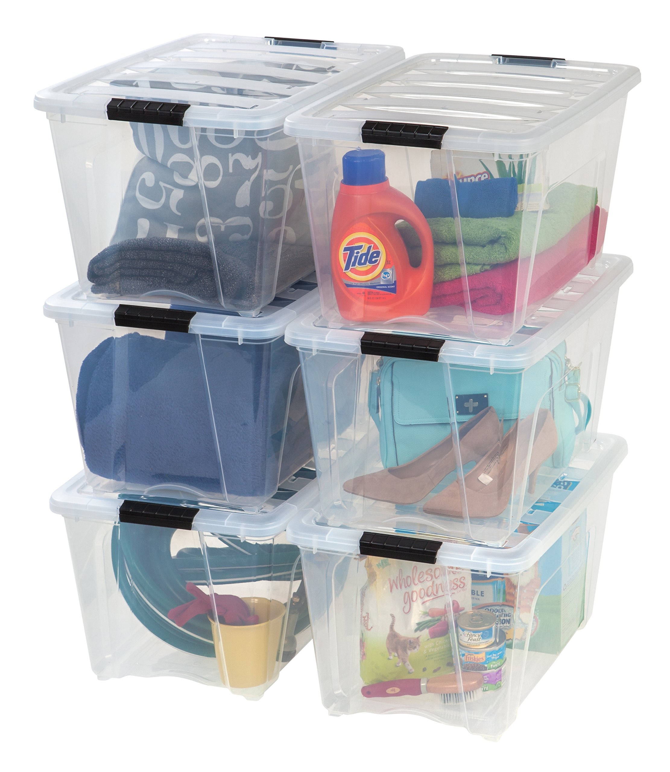 IRIS USA 54 Quart Stackable Plastic Storage Bins with Lids and Latching Buckles, 6 Pack - Clear, Containers with Lids and Latches, Durable Nestable Closet, Garage, Totes, Tubs Boxes Organizing