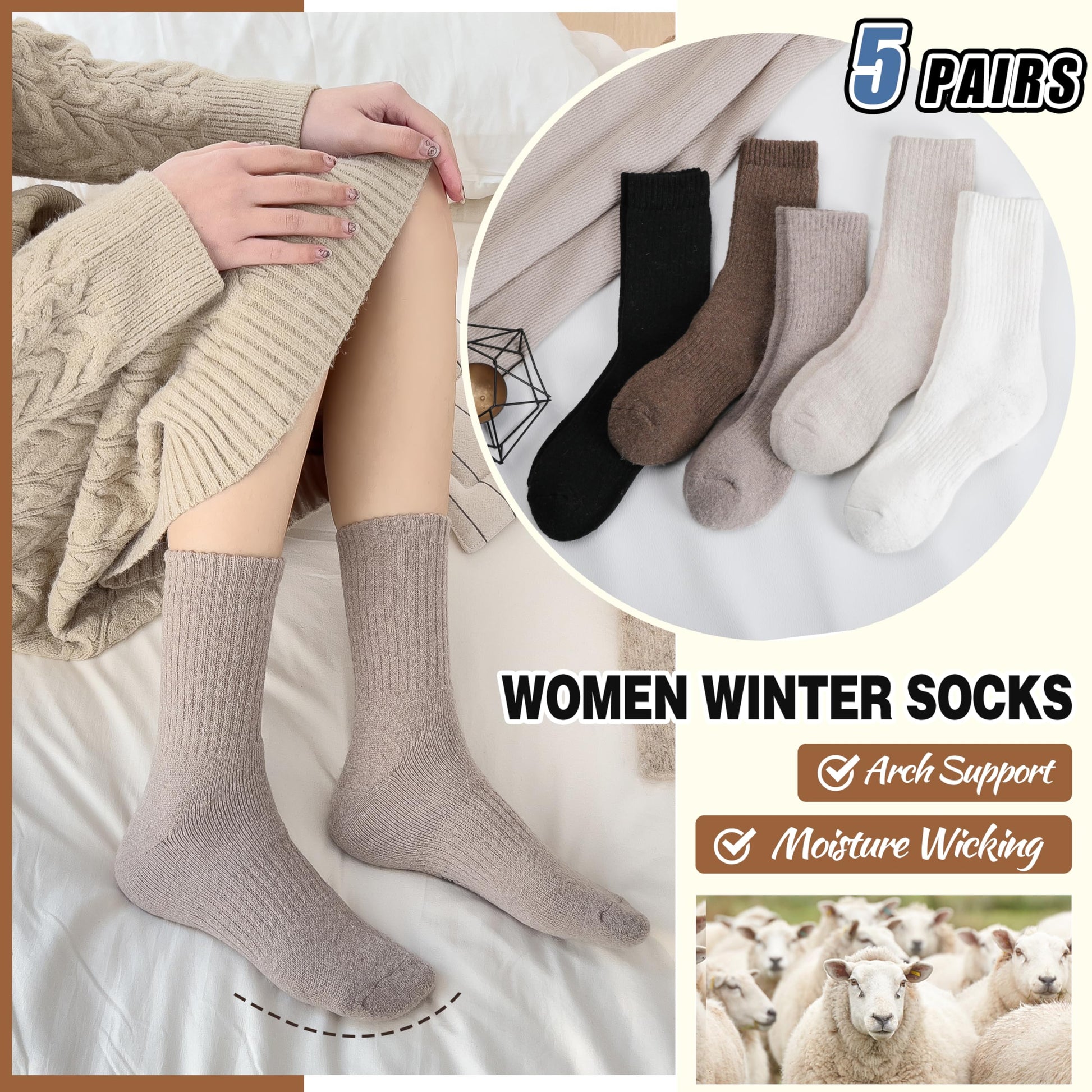 EBMORE Merino Wool Boot Socks Warm Thermal Winter Thick Hiking Cozy Boot Crew Comfy Socks 5 Pairs for Women Gifts Stocking Stuffers(Beige/White/Black/Khaki)