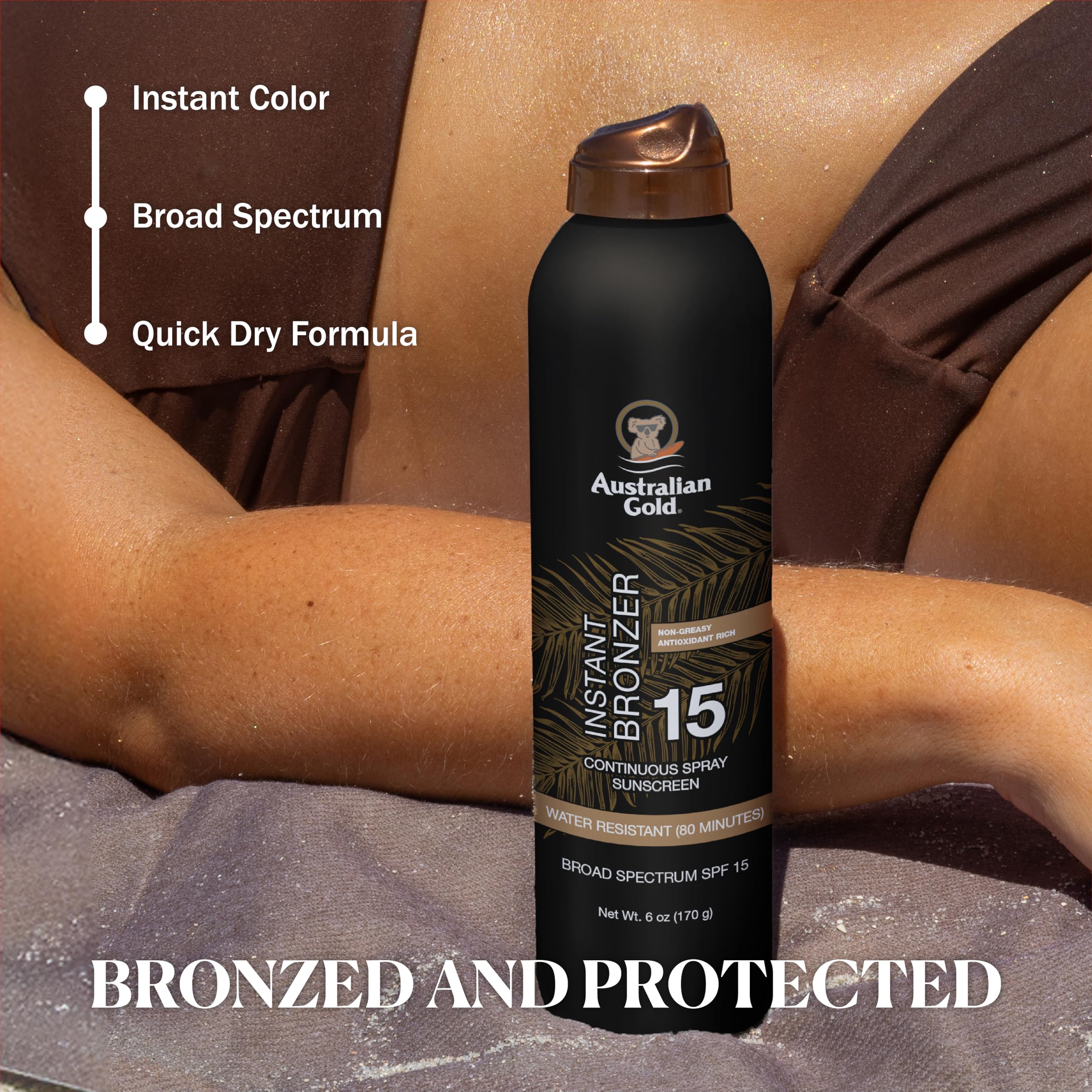 Australian Gold Continuous Spray Sunscreen with Instant Bronzer SPF 15, Immediate Glow & Dries Fast, Broad Spectrum, Water Resistant, Non-Greasy, Oxybenzone Free, Cruelty Free, 6 Ounce