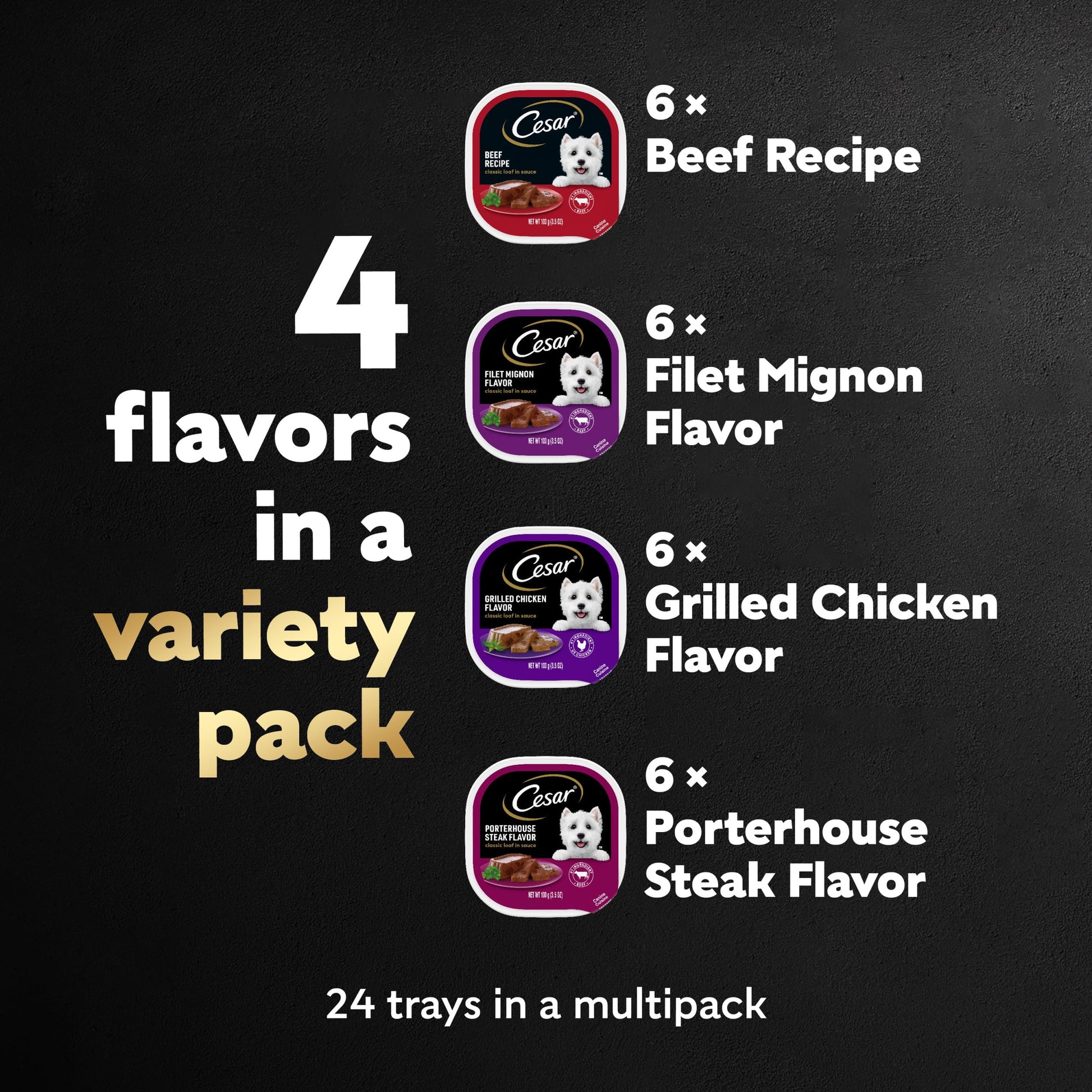 Cesar Wet Dog Food Classic Loaf in Sauce Beef Recipe, Filet Mignon, Grilled Chicken and Porterhouse Steak Variety Pack, 3.5 oz. Easy Peel Trays (24 Count, Pack of 1)