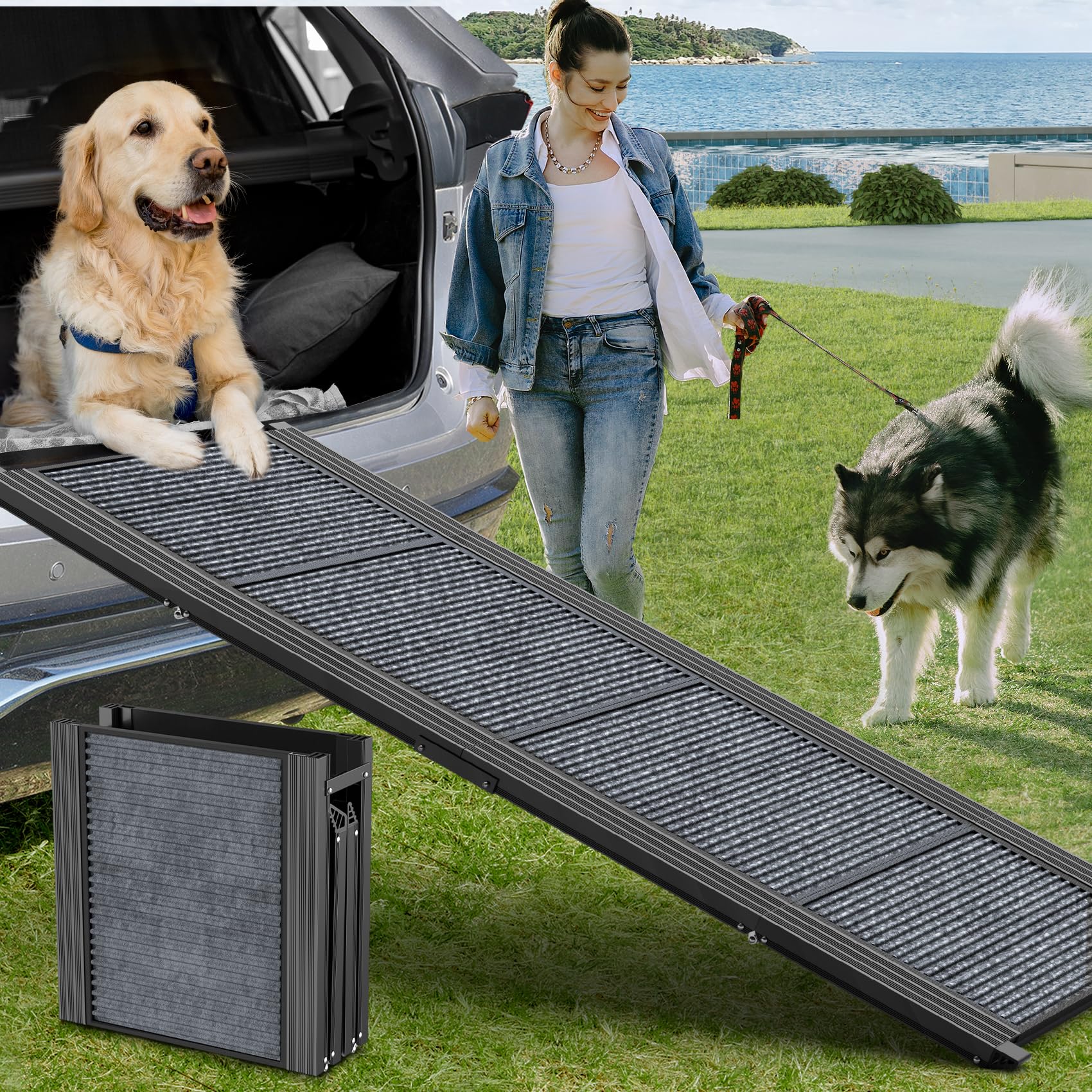 HerCcreta wigge Dog Ramp for Car 63" Long & 17" Wide Portable Dog Ramps for Large Dogs with Non-Slip Rug Surface Dog Car Ramp for SUV Car & Truck, Folding Dog Ramp Up to 250LBS