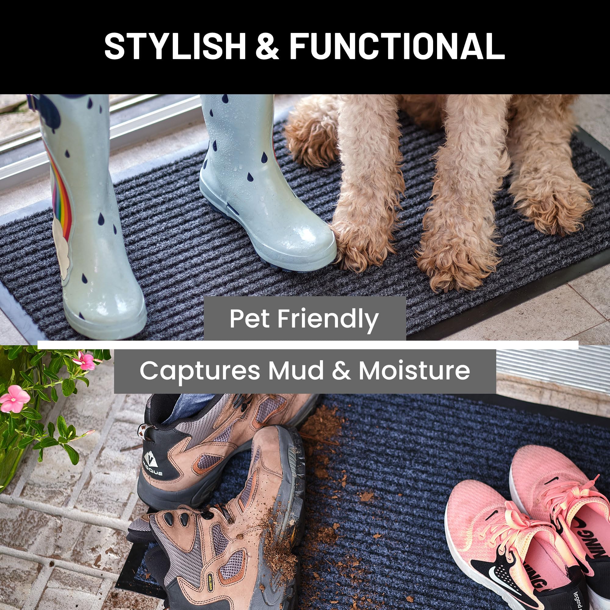 Sierra Concepts Front Door Mat Welcome Floor Mats - Entryway Indoor Outdoor Entrance Doormat, Patio, Porch, Muddy Shoe, Inside Outside Low Profile, 30x17 inches, 2-Pack Gray