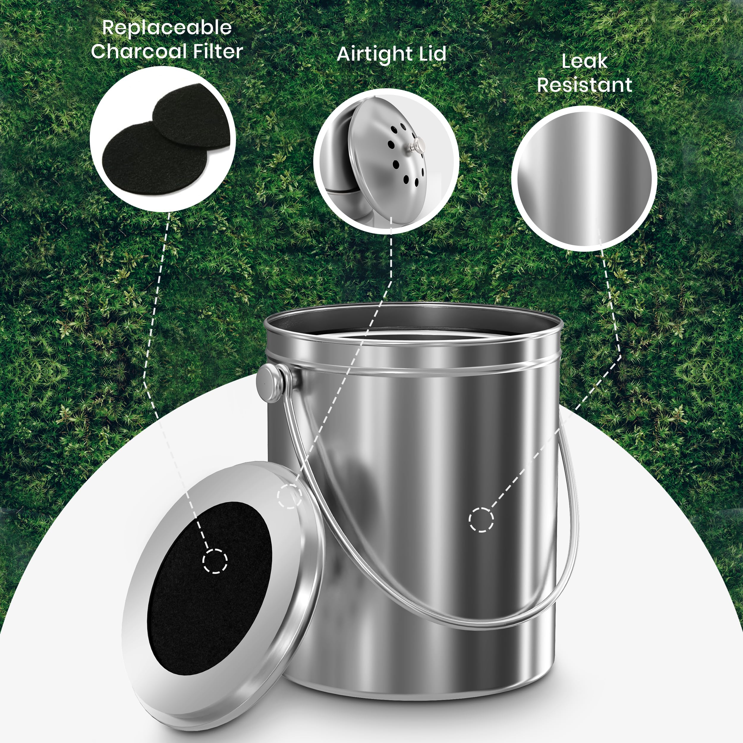 Utopia Kitchen Compost Bin for Kitchen Countertop, 1.3 Gallon Compost Bucket for Kitchen with Lid, Includes 1 Spare Charcoal Filter, Home Essentials - (Silver)