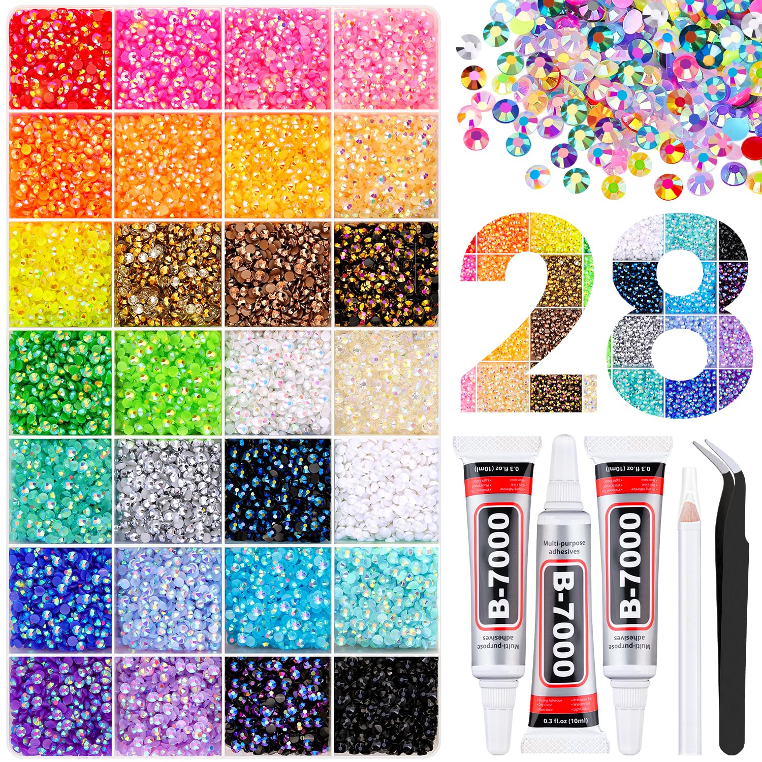 30000Pcs Resin Rhinestones with Tweezers for Crafting, Mixed-Color 3mm Bedazzling Crystal with 3Pcs 10ml B7000 Jewelry Glue for DIY Crafts Clothing Tumblers Shoes Fabric Nail Art