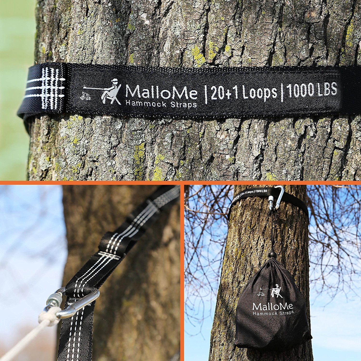 MalloMe XL Hammock Straps for Trees - Hammock Tree Straps Set 2000+ LBS Heavy Duty 40 Loops & 100% No Stretch Suspension System Kit - Camping Hammocks Accessories | 2 Carabiners | 12 Feet Black