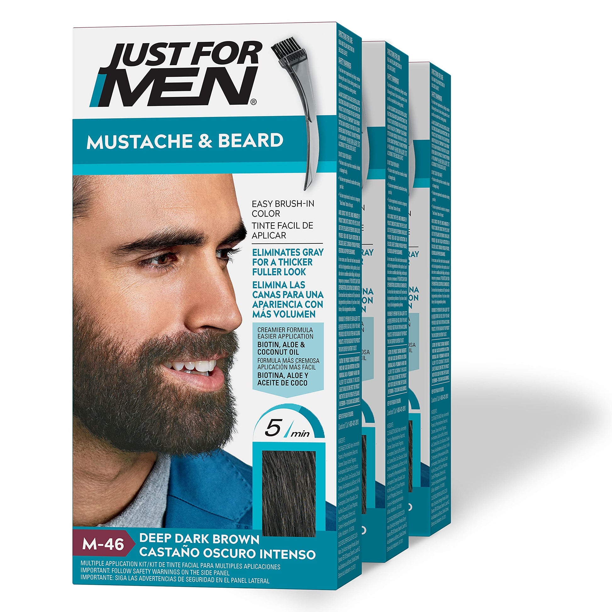 Just For Men Mustache & Beard, Beard Dye for Men with Brush Included for Easy Application, With Biotin Aloe and Coconut Oil for Healthy Facial Hair - Dark Brown, M-45, Pack of 3