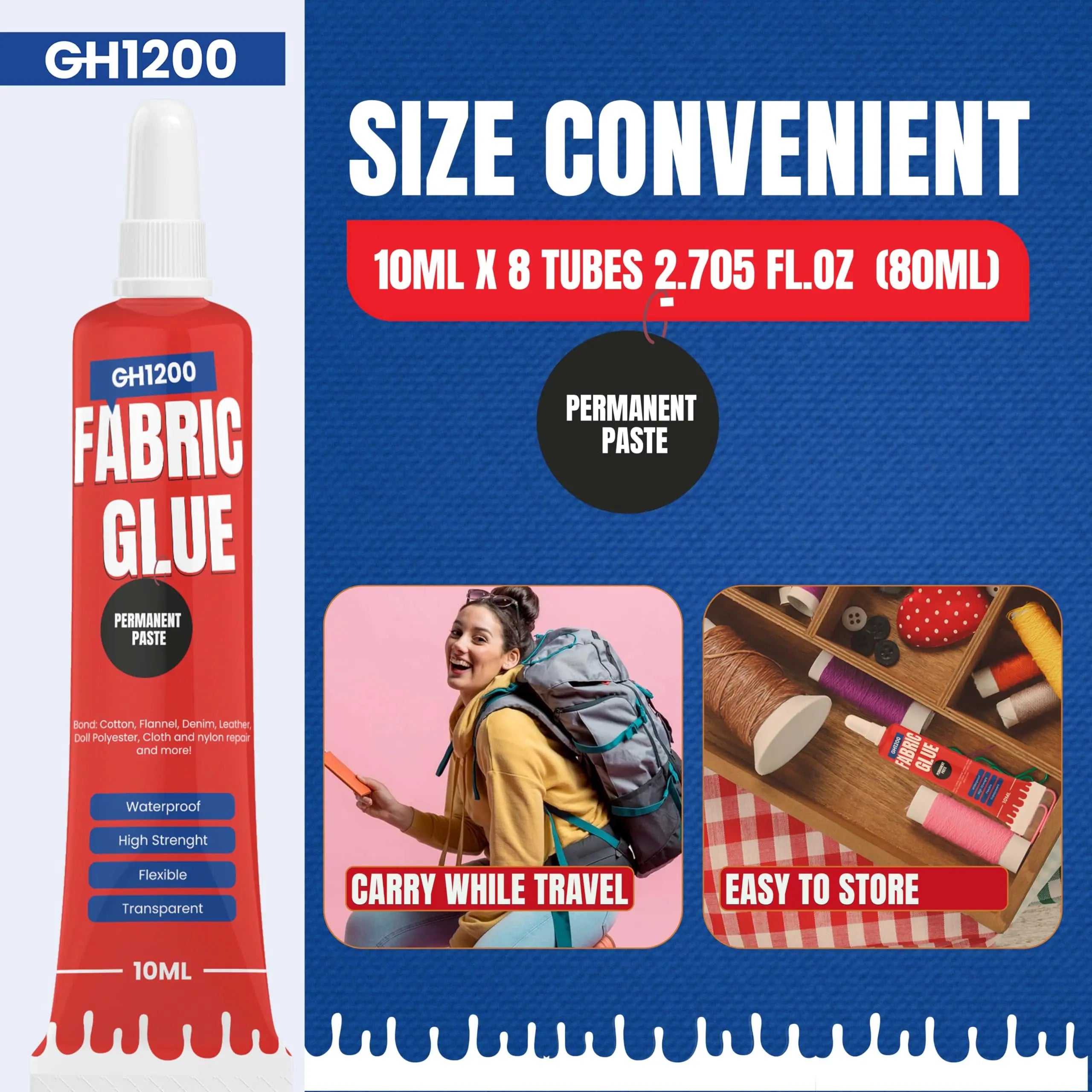 Fabric Glue Permanent (10 ML x 8), Fabric Glue for Clothing Permanent Washable for Rhinestones, Patches, Clothes, Denim, Leather, Polyester, Fabrics, Doll Repair, Flannel, Cotton & More