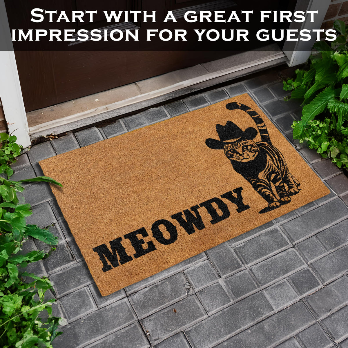 Meowdy Doormat 30x17 Inch, Cat Front Door Mat for Covered Outdoor Area, Black Cat Welcome Mats for Front Door Gift, Coir Outdoor Doormat