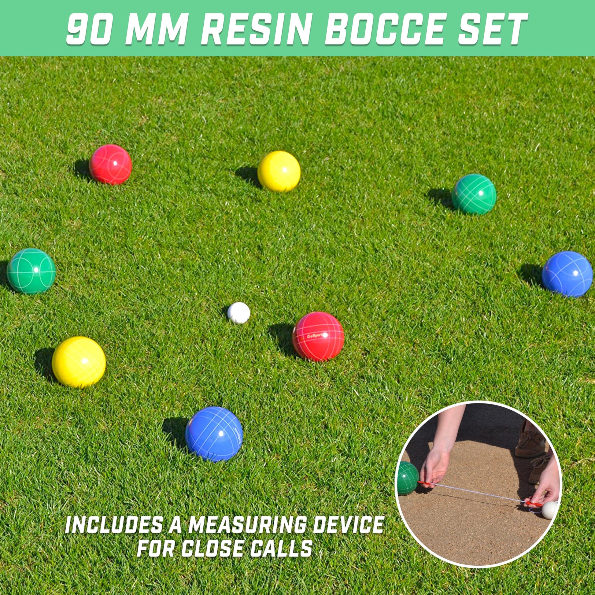 GoSports 90 mm Backyard Bocce Set with 8 Balls, Pallino, Case and Measuring Rope - Made from Premium Resin
