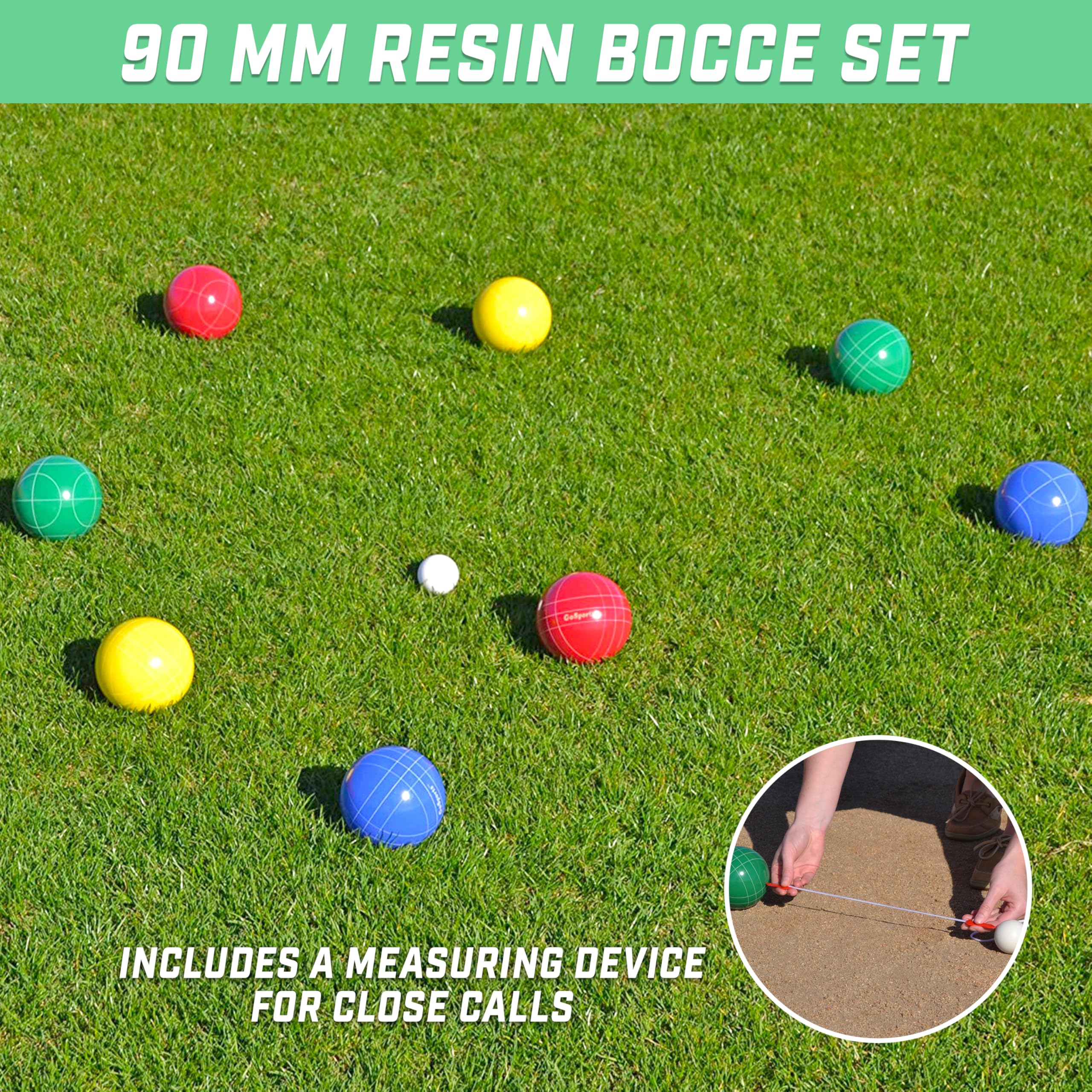 GoSports 90 mm Backyard Bocce Set with 8 Balls, Pallino, Case and Measuring Rope - Made from Premium Resin