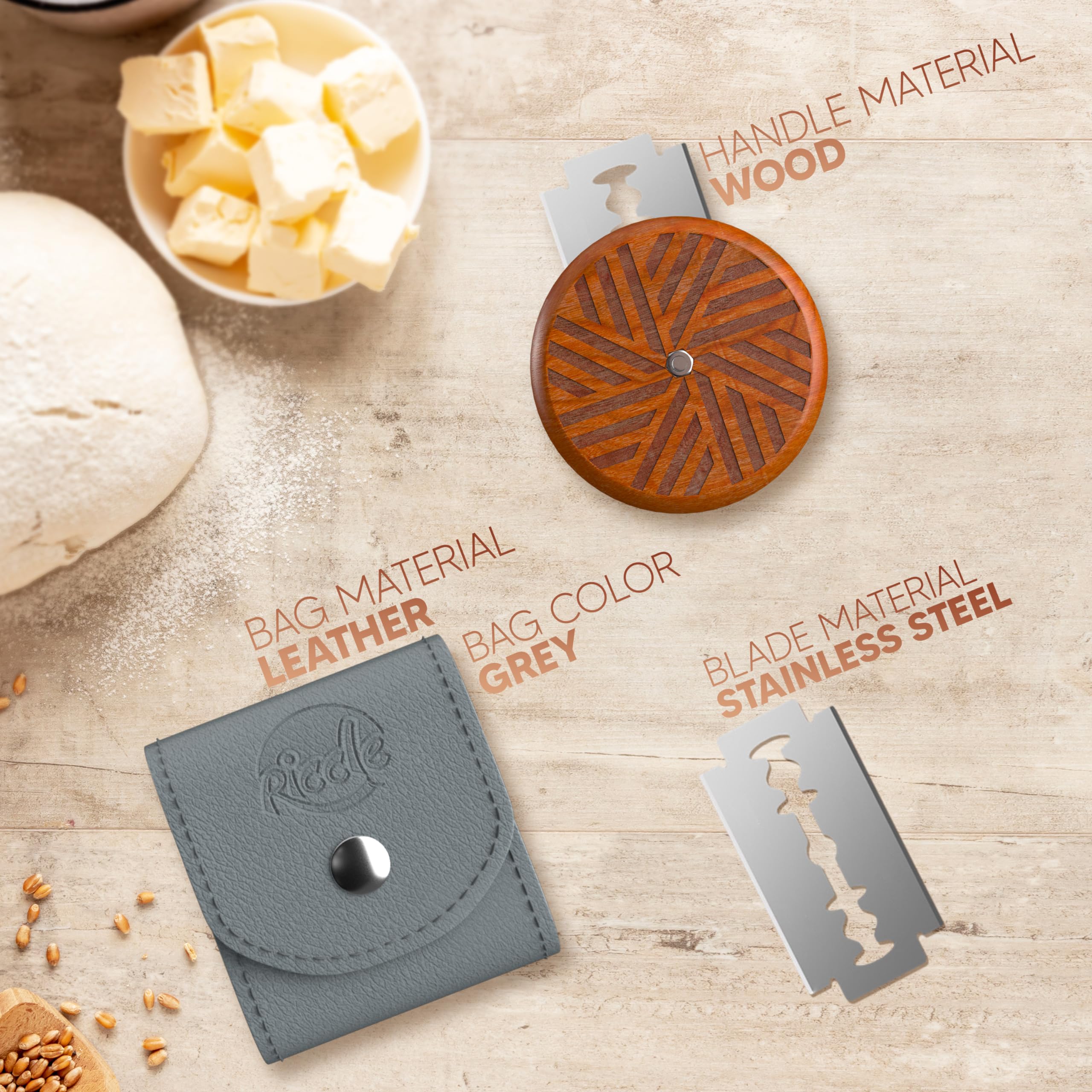 RICCLE UFO Wooden Bread Lame Slashing Tool, Dough Scoring Knife with 15 Razor Blades and Storage Cover (Rose Wood)