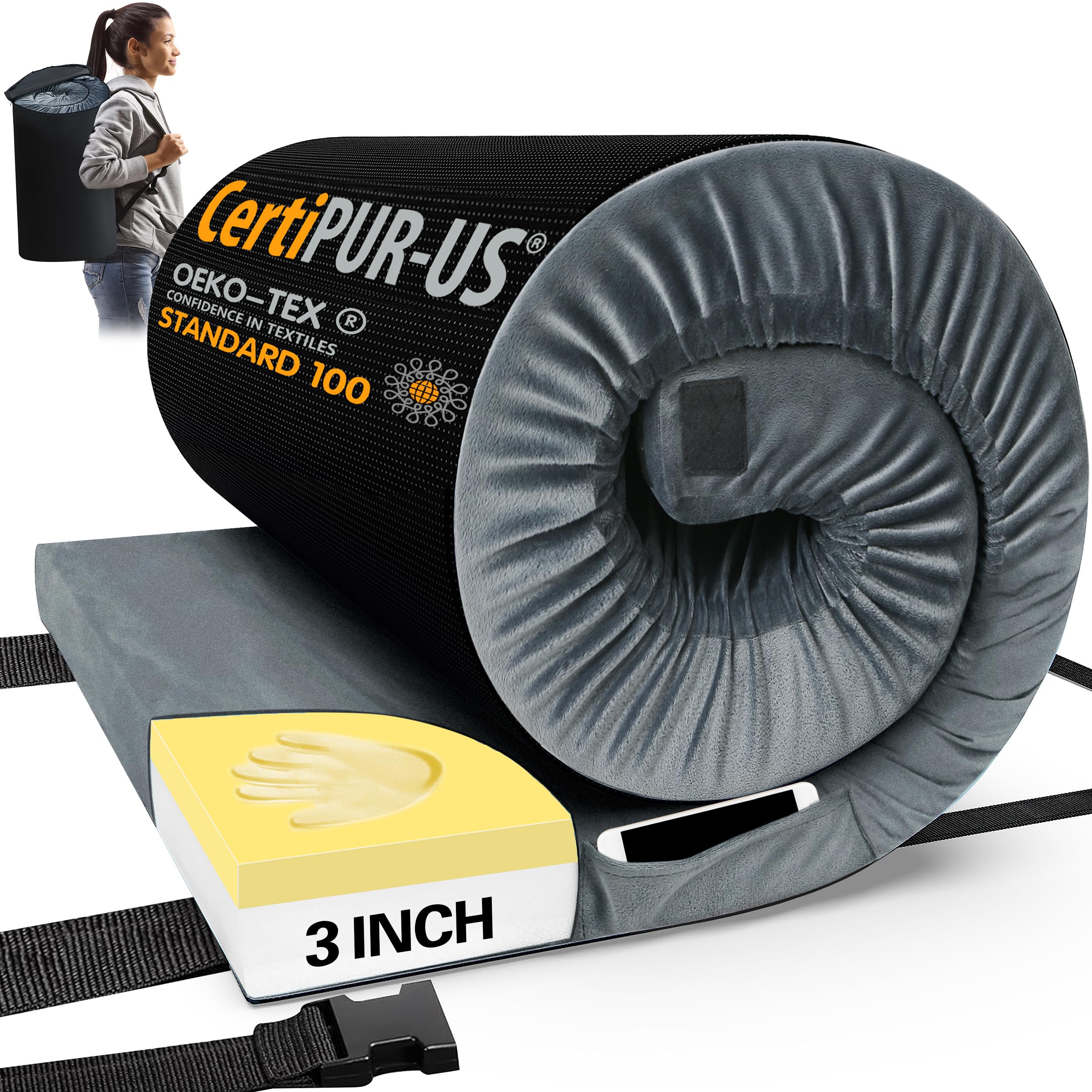 CYMULA CertiPUR-US Memory Foam Camping-Matratzenauflage, Tragbare Schaumstoff-Isomatte für Camping, Rollbare Schlafunterlage für Erwachsene, Bodenmatratze, Gästebett für Übernachtung, Auto, Zelt, SUV-Feldbett-Matratze