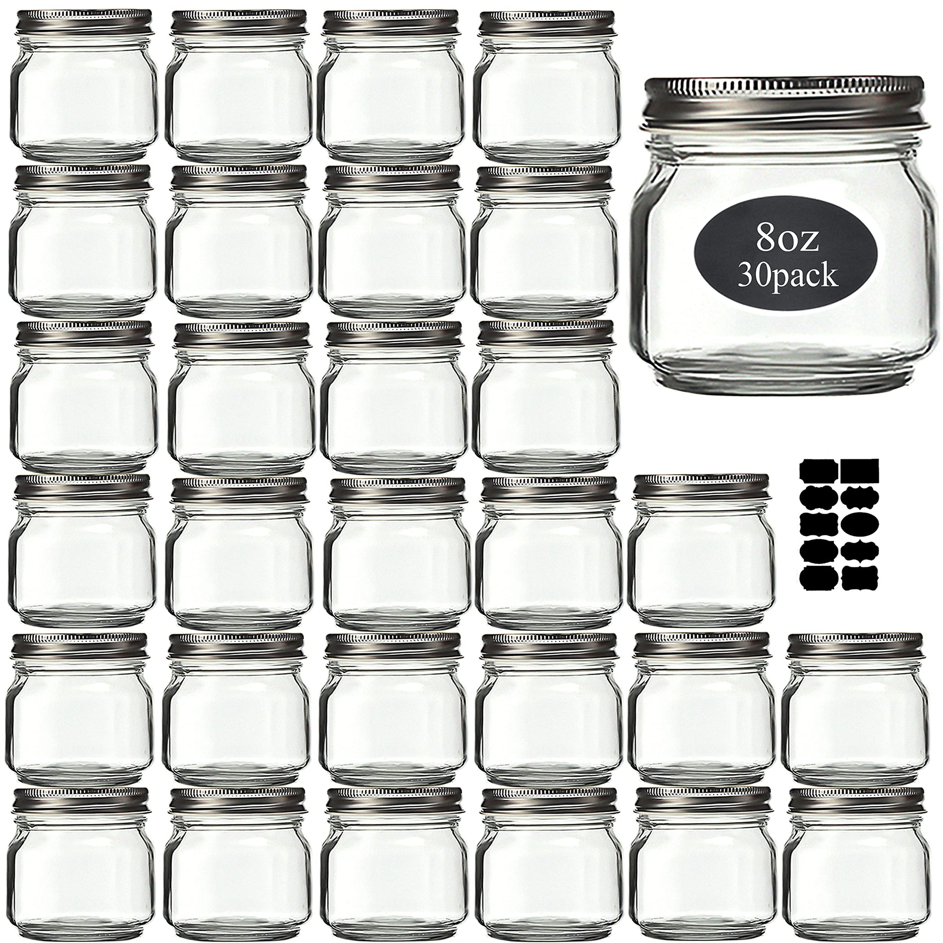 Mason Jars 8 oz 30 Pack- Small Mason Jars With Silver Lids -1/4 Quart Canning Jars| Storage Glass Jars With Lids For Jelly, Jam, Honey, Pickles - Spice Glass Jars - With 30 Chalkboard Labels