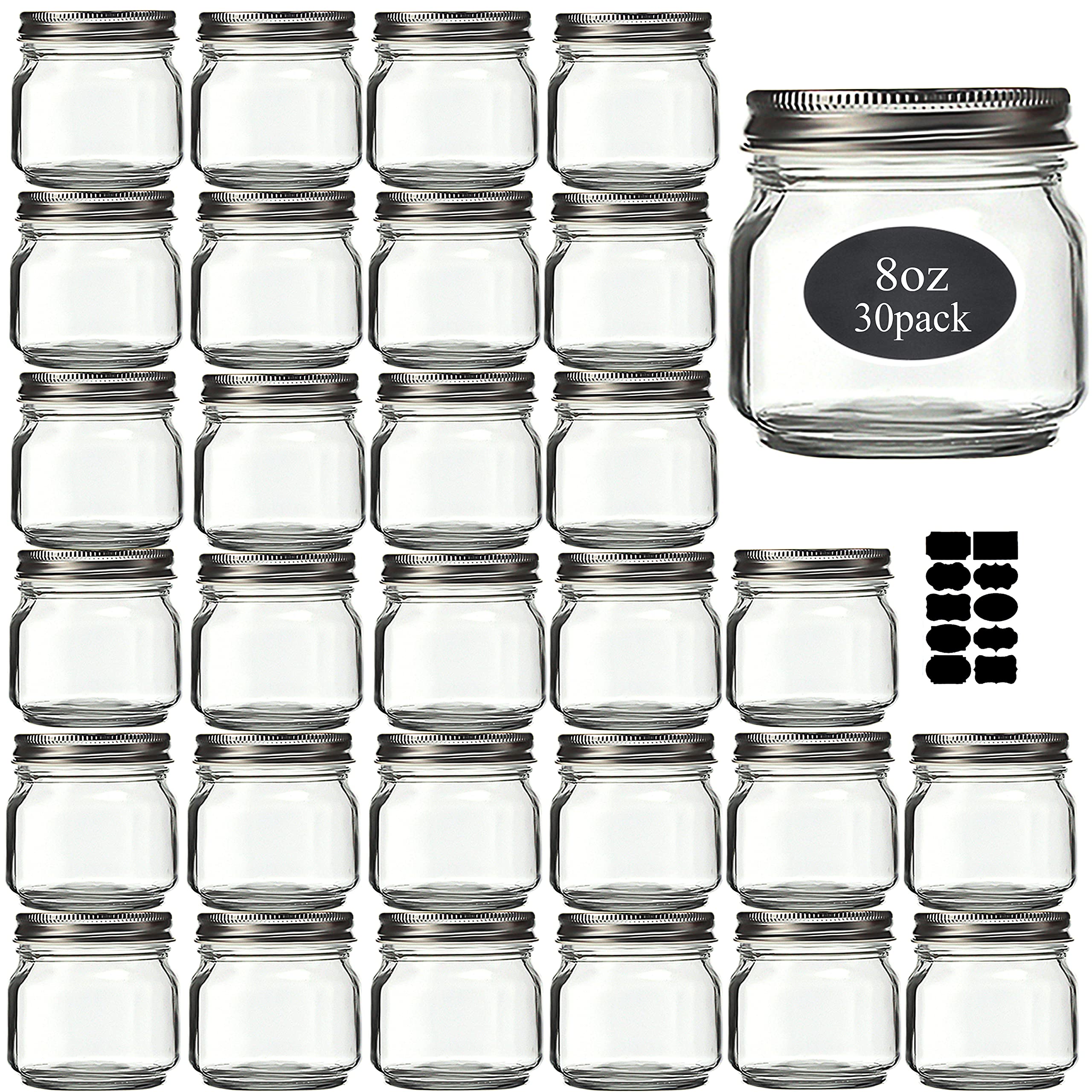 Mason Jars 8 oz 30 Pack- Small Mason Jars With Silver Lids -1/4 Quart Canning Jars| Storage Glass Jars With Lids For Jelly, Jam, Honey, Pickles - Spice Glass Jars - With 30 Chalkboard Labels