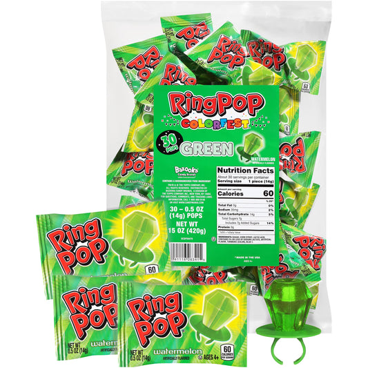 Ring Pop Green Colorfest Holiday Candy Green Lollipops - 30Ct Bulk Candy Individually Wrapped in Green Watermelon Flavor - Hard Candy Lollipops For Party Favors, Stocking Stuffers, Bachelorette Party