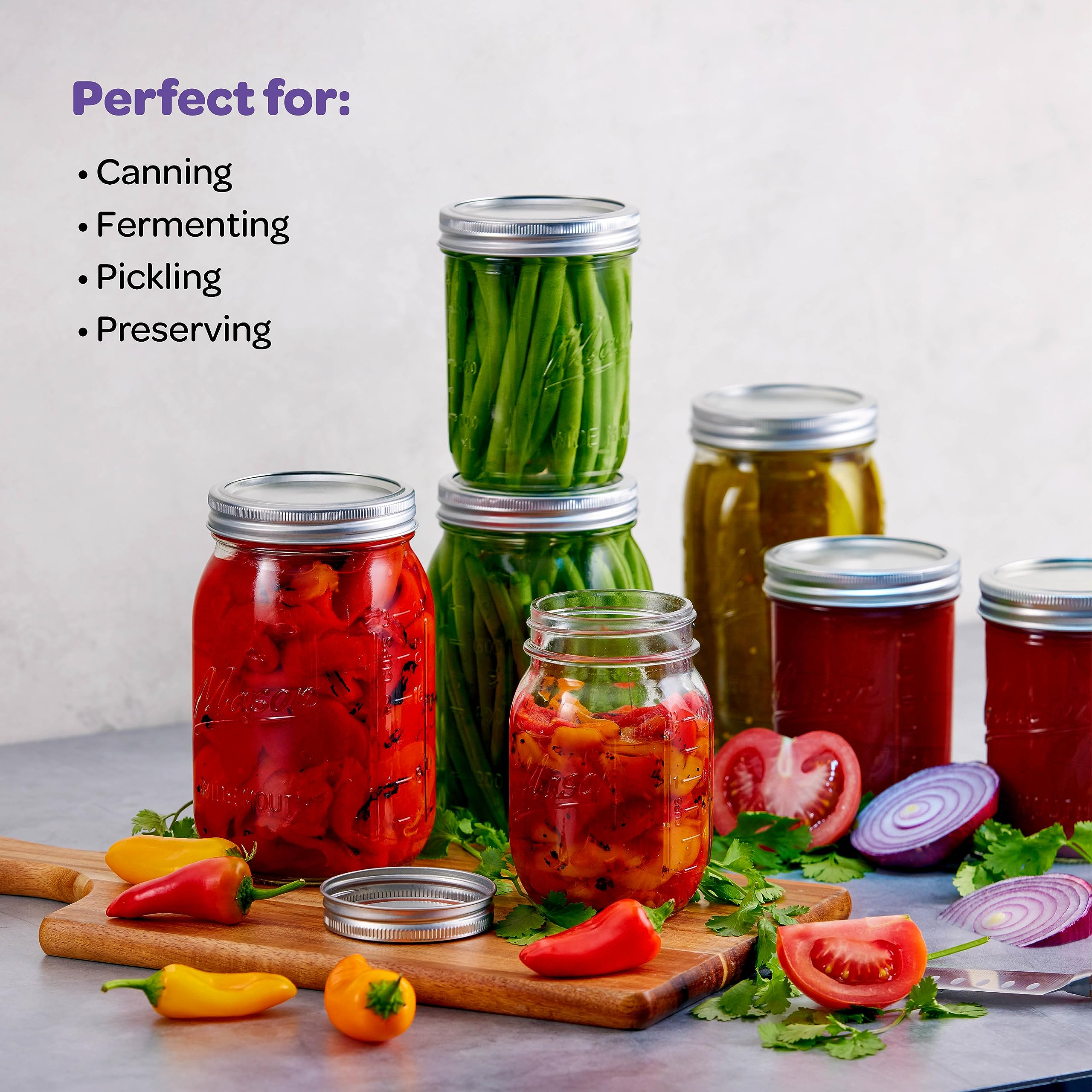 Wide Mouth Mason Jars 32 oz [4 Pack] With Mason Jar Lids and Bands, Mason Jars 32 oz - For Canning, Fermenting, Pickling - Jar Decor - Microwave/Freeze/Dishwasher Safe.
