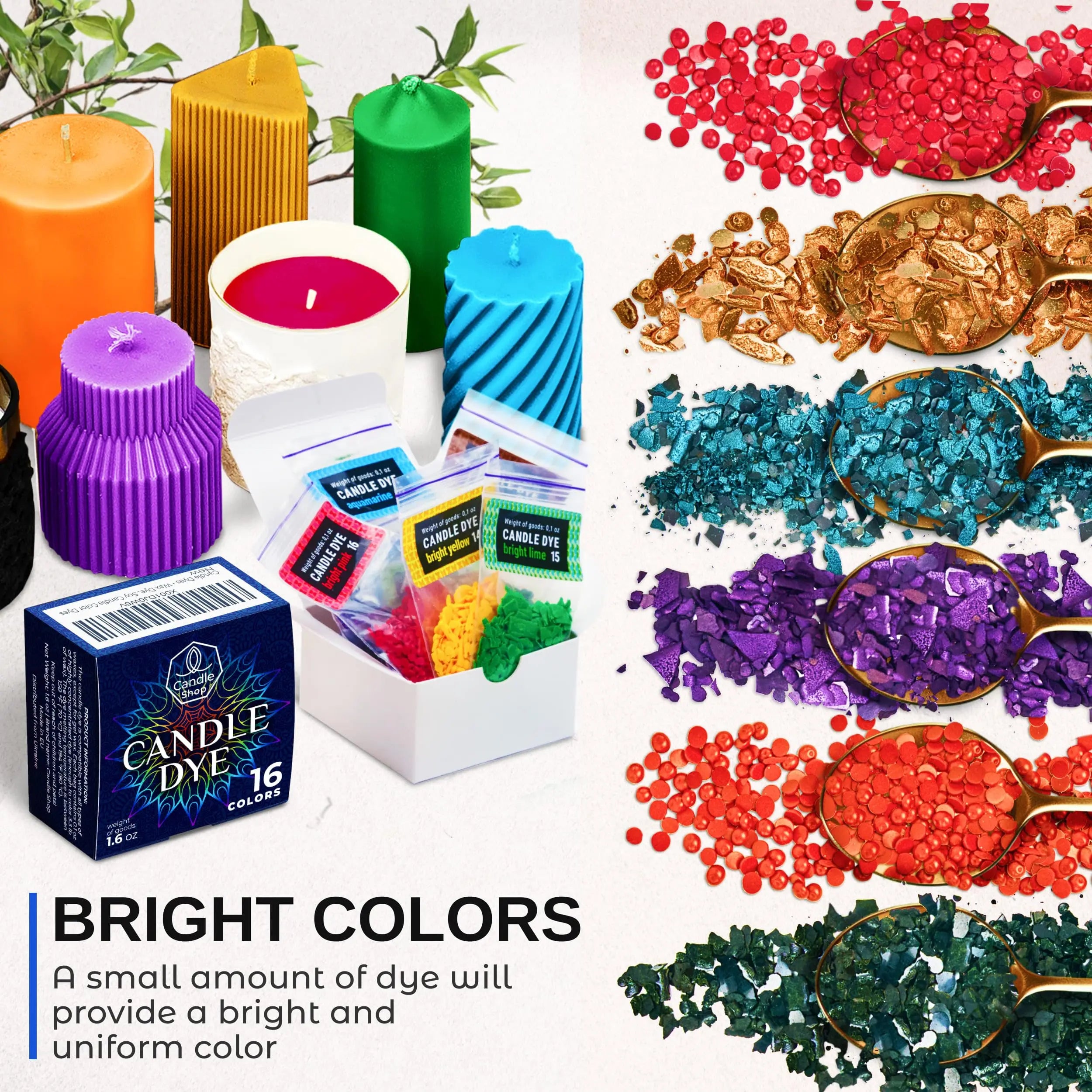 Candle Wax Dye for Soy Candle Making - 16 Popular Candle Dye Coloring Chips - Premium Candle Wax Coloring - Highly Concentrated Candle Chips Colors