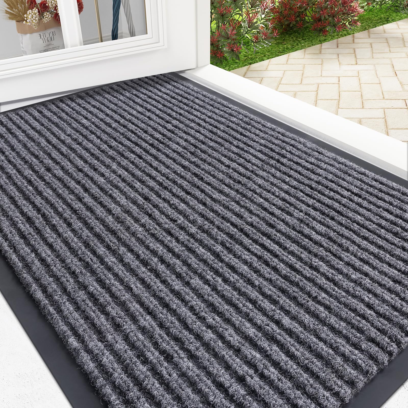 OLANLY Front Door Mat Indoor Outdoor Entrance, Waterproof Heavy Duty Doormat, Fade Resistant, Low Profile, Easy Clean Patio Porch Welcome Floor Mats for Entry, 29.5x17, Grey