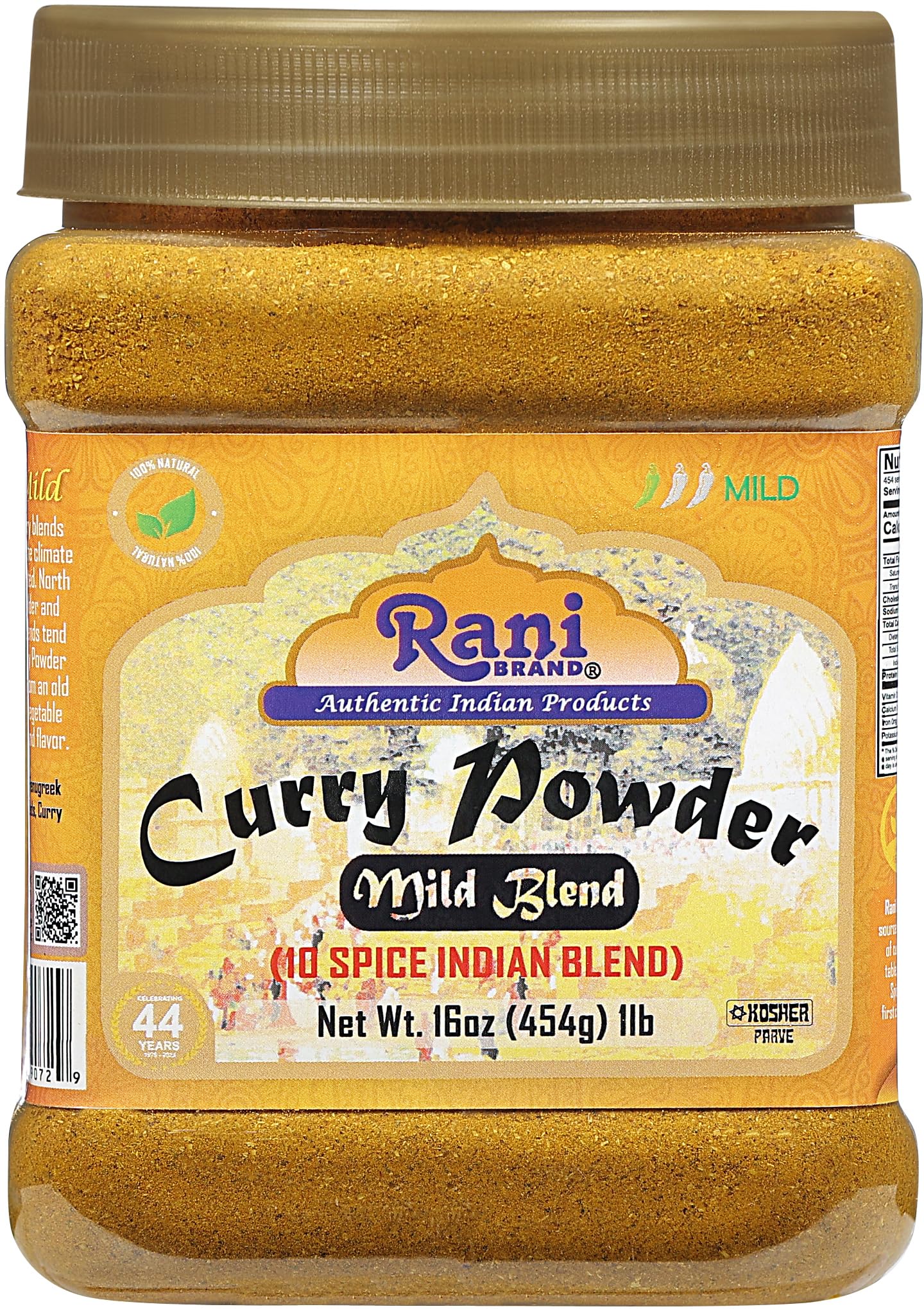Rani Currypulver Mild (Authentische Indische 10-Gewürzmischung) 454g PET-Dose ~ Rein Natürlich | Salzfrei | OHNE Chili oder Pfeffer | Vegan | Ohne Farbstoffe | Glutenfreundlich | GMO-frei | Koscher | Indischer Ursprung