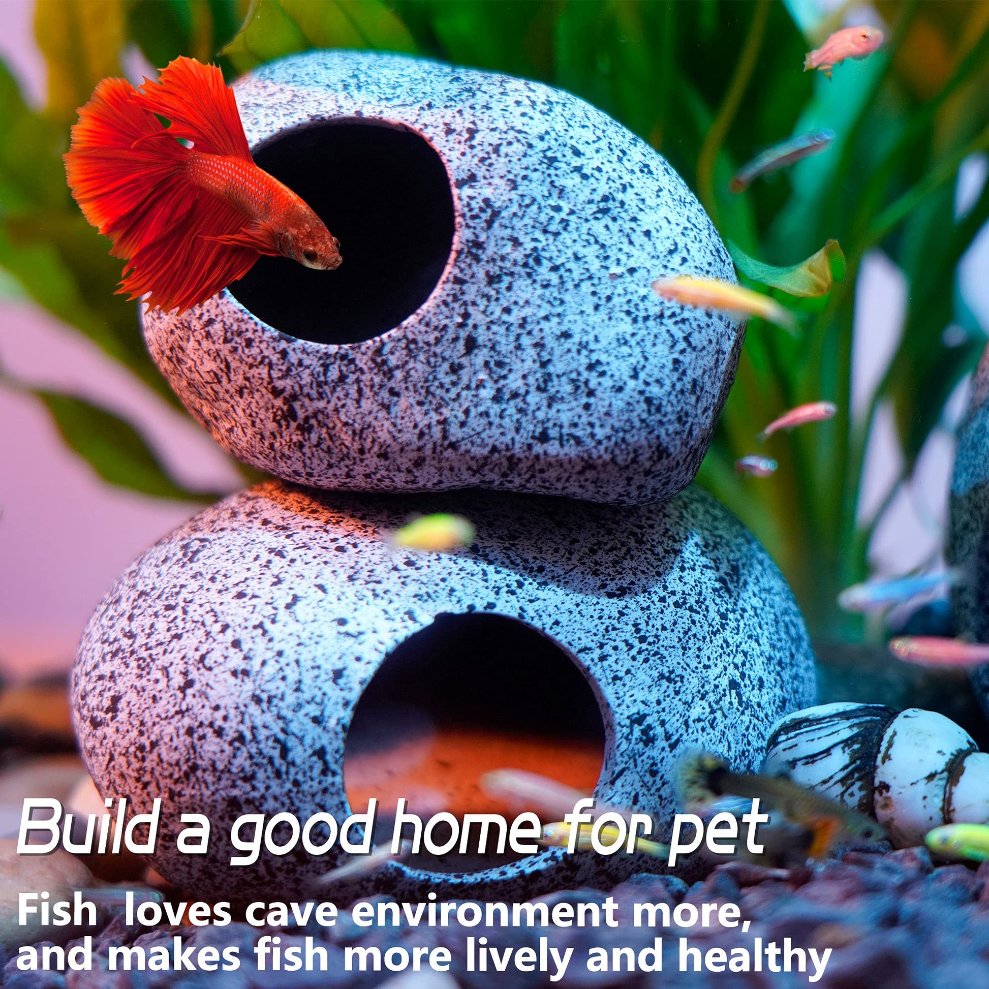 Aquarium Decorations Cave Fish Tank Accessories Rock Decor for Shrimp Cichlid Hiding Breeding Small Fish Bowl Hide Decoration Betta Toys Hideout Stones House（Medium）