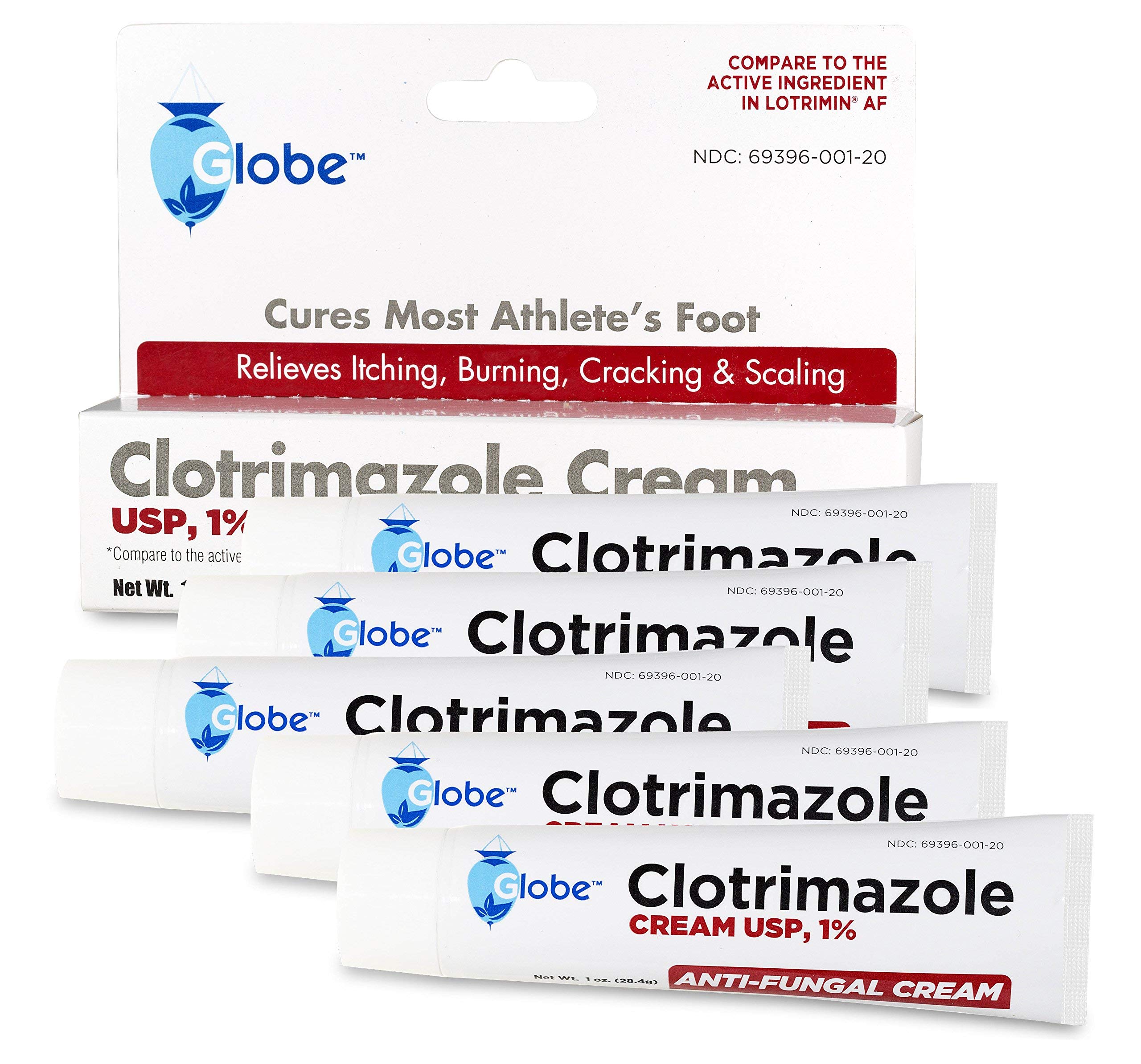 (5 pack) Globe Clotrimazole Antifungal Cream 1% (1 oz) Relieves the itching, burning, cracking and scaling associated with fungal infections | Compare to the Name Brand Active Ingredient