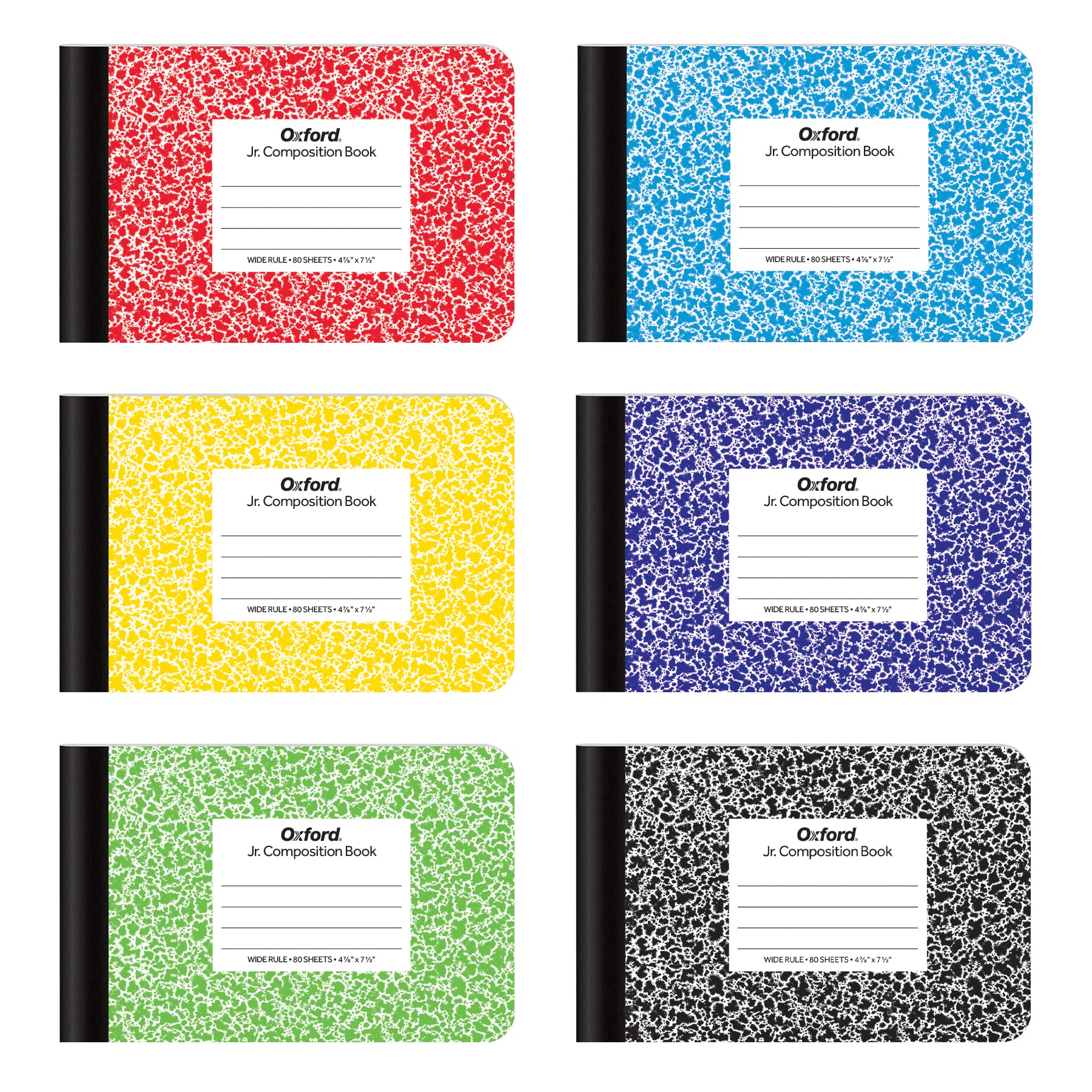 Oxford Jr. Composition Notebooks, Notebooks for School, School Supplies, Half Size, 4-7/8 x 7-1/2 Inches, Wide Ruled Paper, Kids Journal, 80 Sheets, Assorted Primary Covers, 6 Pack (63779)
