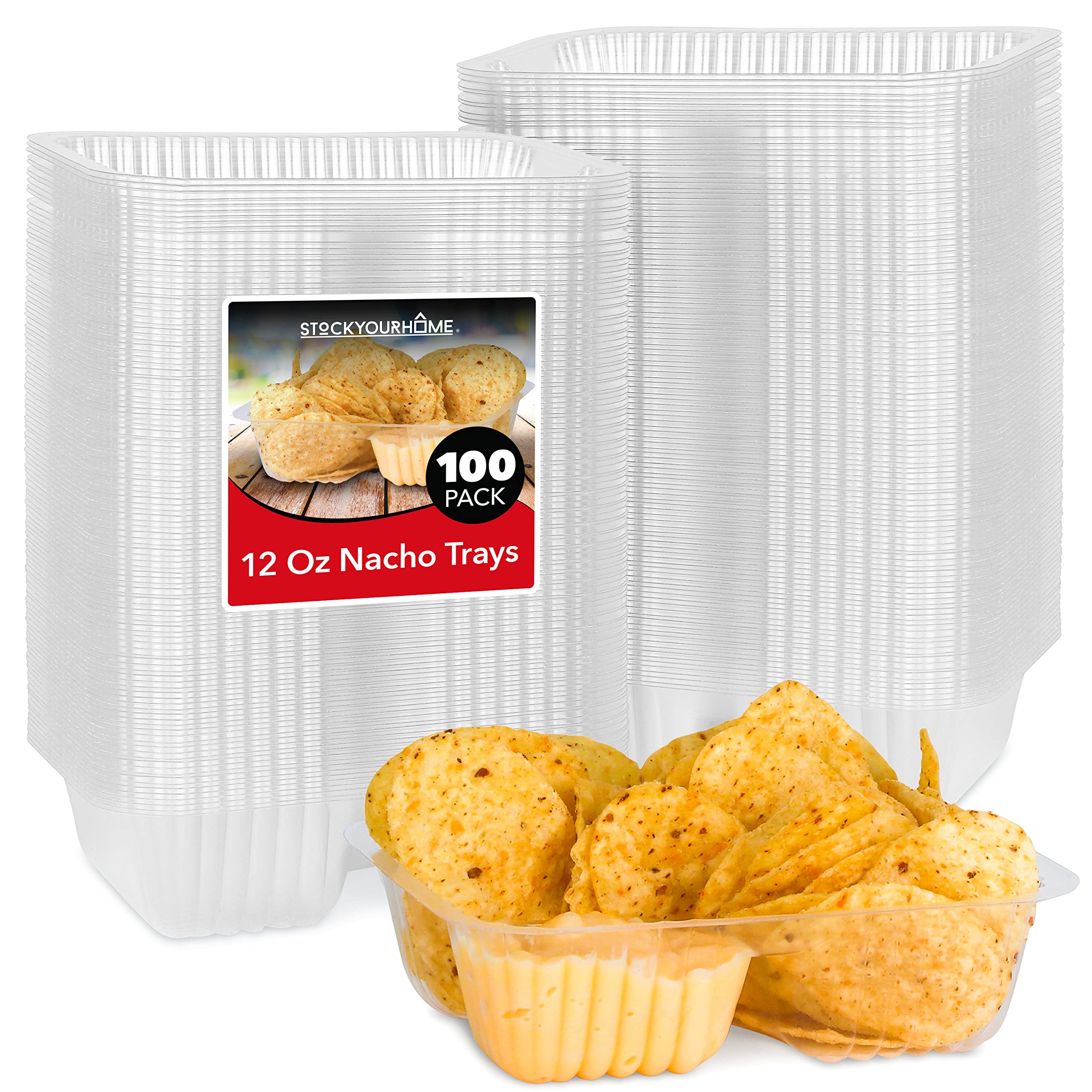 12oz Plastic Nacho Trays (100 Pack) Small Disposable Tray for Nachos & Cheese Dip, Concession Stand Supplies, Movie Night Snacks for Kids, Carnival Party Decorations, Food Boats, Snack ContainersÃ¢ÂÂ¦