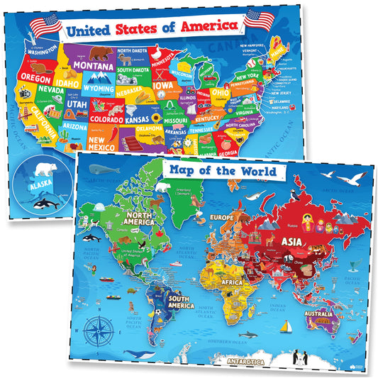 Momo & Nashi United States & World Map Poster for Kids - 2 Pc - 24 x 16 Inch Waterproof USA & Map of the World Poster - for Wall Posters for Learning, Classroom, Education, Back to School Resources