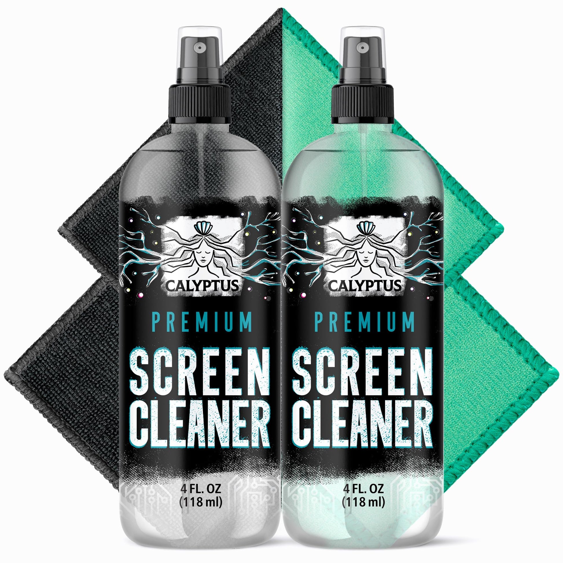 Screen Cleaner Spray Kit | (2X) 4oz Sprayer Bottles + (4X) Microfiber Cleaning Cloth | Smart Phone, Laptop, iPad, iPhone, MacBook, Computer Monitor, TV, Tesla, Touchscreen, Electronic Device Cleaner