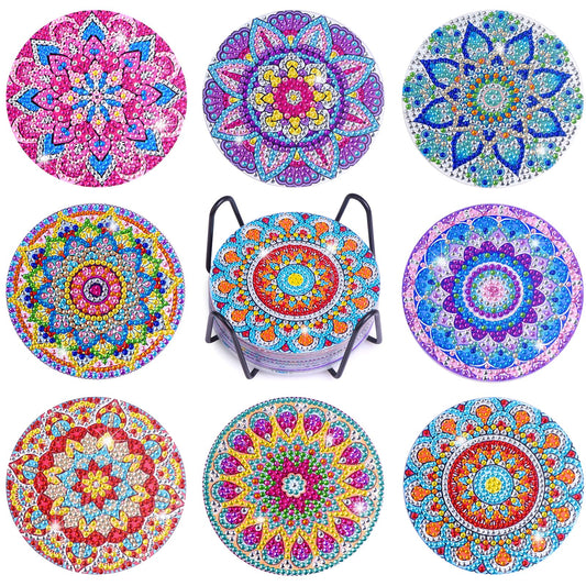 8 Pcs Diamond Art Coasters, Mandala Diamond Painting Kits for Adults Kids Beginners, Diamond Painting Coasters Art Craft Supplies for Birthday Gift