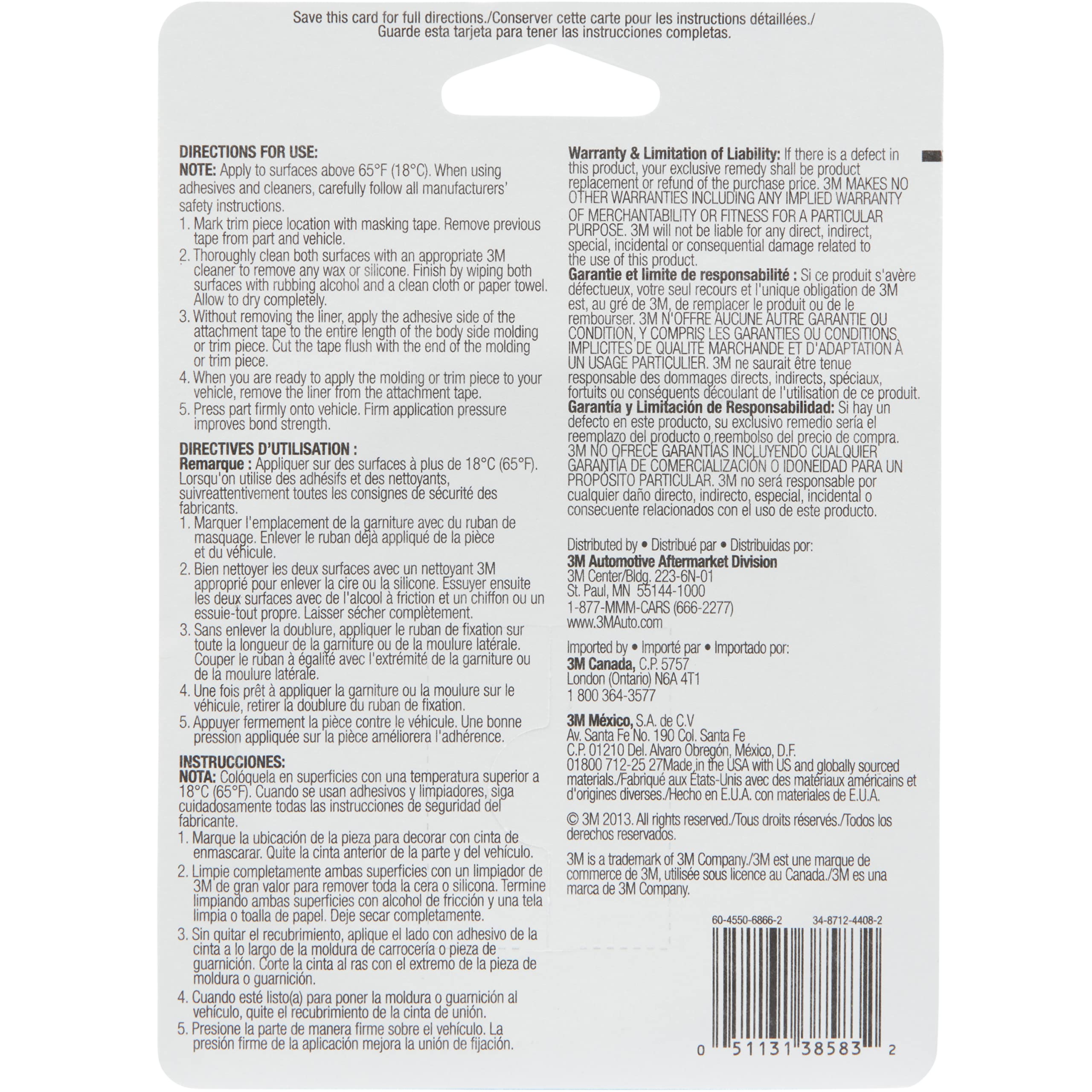 3M Exterior Attachment Tape, Ideal for Moldings, Emblems and Trim, 1/4 in width x 5 yards in length, 1 roll