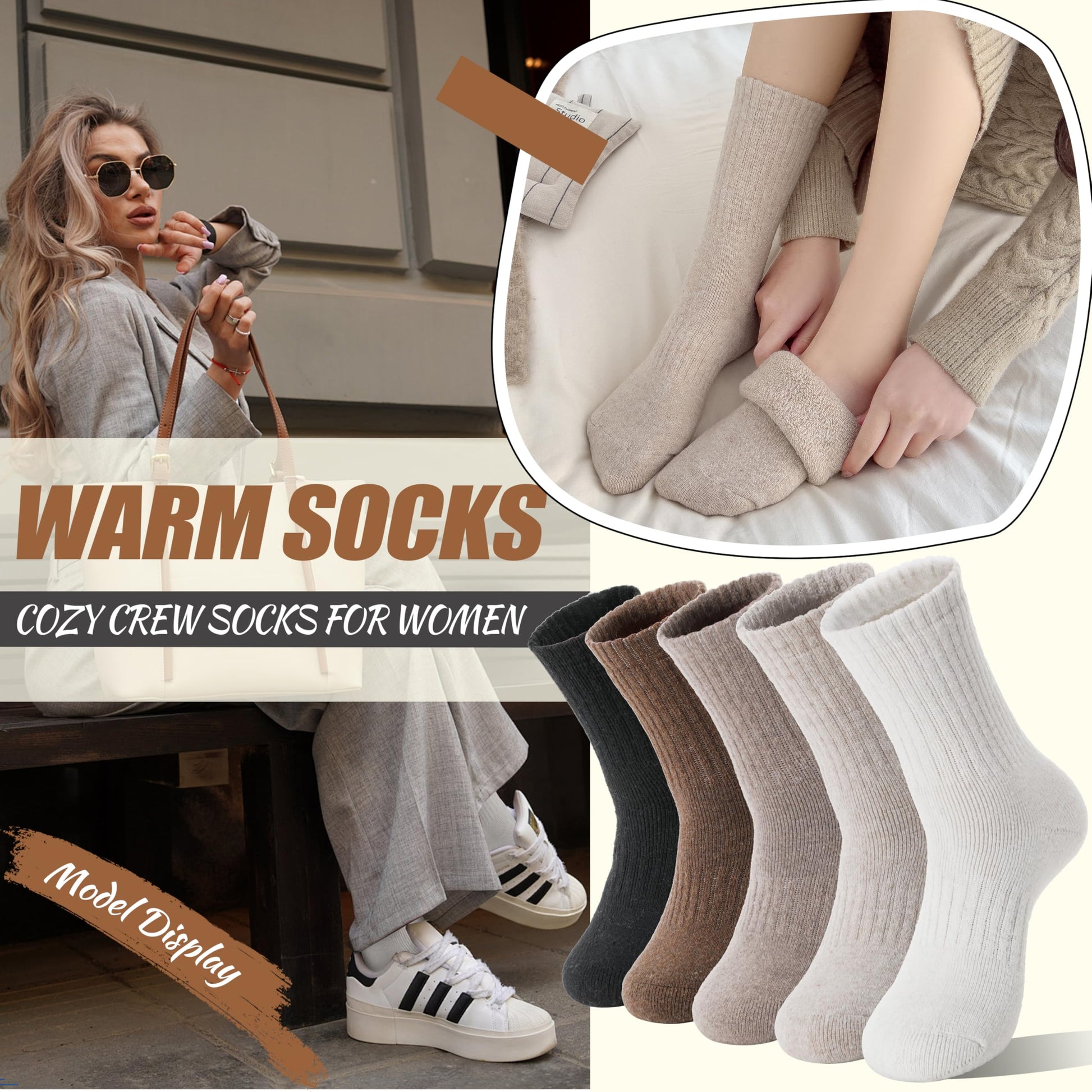 EBMORE Merino Wool Boot Socks Warm Thermal Winter Thick Hiking Cozy Boot Crew Comfy Socks 5 Pairs for Women Gifts Stocking Stuffers(Beige/White/Black/Khaki)