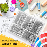 340 Pack Safety Pins Assorted, 5 Different Sizes Small and Large Safety Pins, Safety Pins for Clothes Halloween Costume Pins Sewing, Nickel Plated Steel Pin Bulk, Arts and Crafts Supplies (Silver)