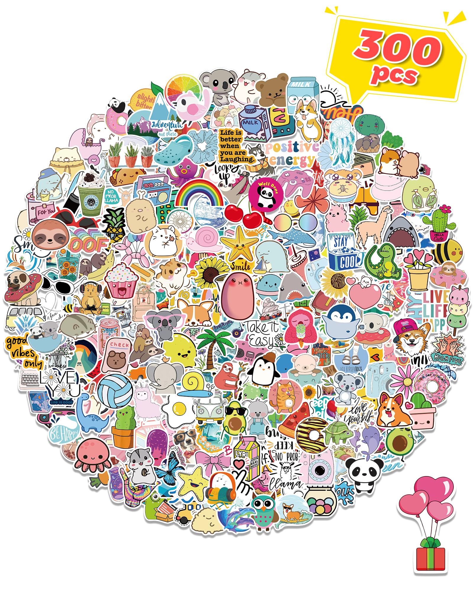 300 PCS Cute Water Bottle Stickers for Kids, Waterproof Vinyl Stickers for Laptop Scrapbook Classroom Students School Supplies Aesthetic Sticker Packs Prizes for Kids Adults Teens Girls