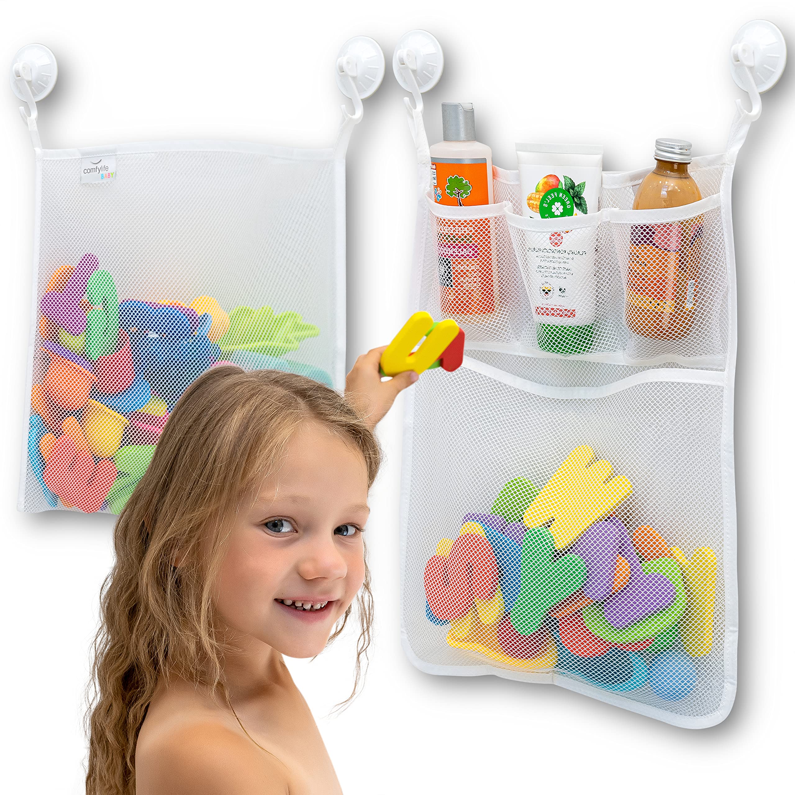 2 x Mesh Bath Toy Organizer + 8 Ultra Strong Hooks - The Perfect Bathtub Toy Holder & Bathroom or Shower Caddy - These Multi-use Net Bags Make Baby Bath Toy Storage Easy - For Kids & Toddlers
