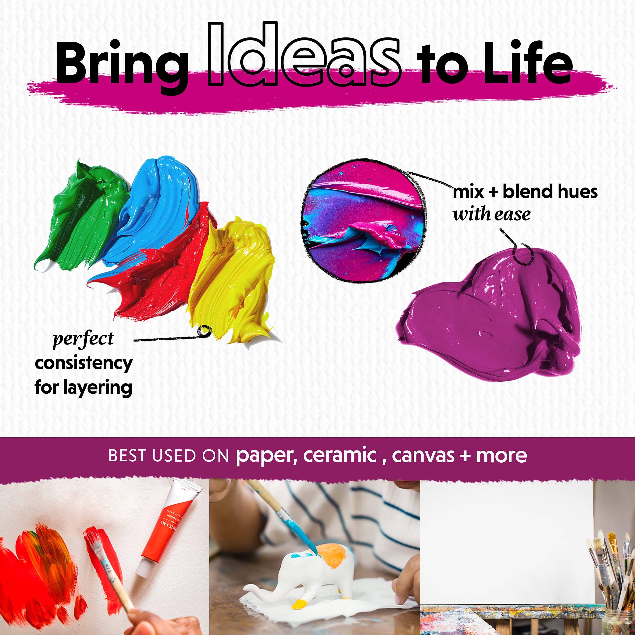 Acrylic Paint Set for Adults and Kids - 24 Pack of 12mL Paints with 3 Art Brushes, Non-Toxic Craft Paint for Easter Eggs, Ceramic Rock Paint - Art Supplies