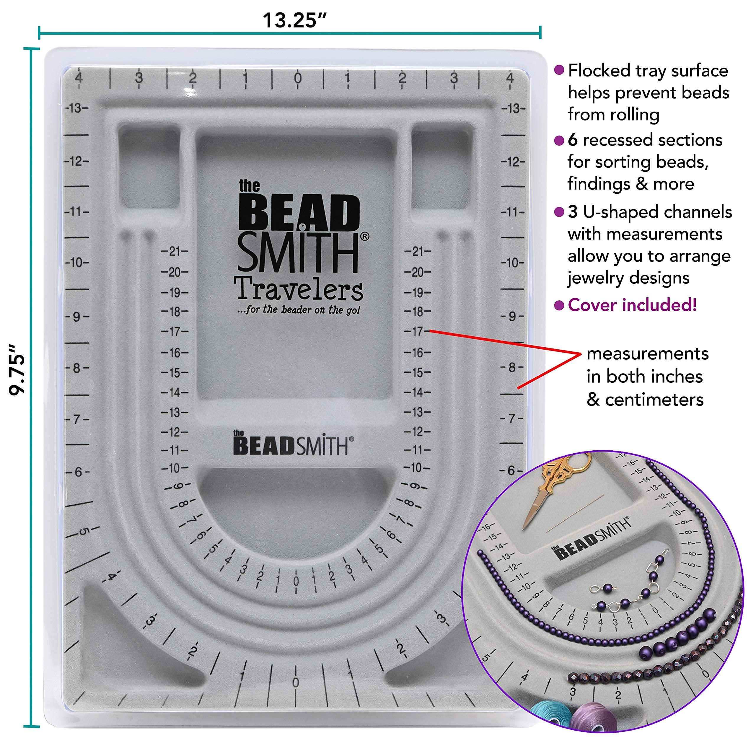 The Beadsmith Bead Board with Cover, Grey Flocked, 3 U-Shaped Channels, 6 Recessed Compartments, 9.75 x 13.25 inches, Design Boards for Creating Bracelets, Necklaces and Other Jewelry