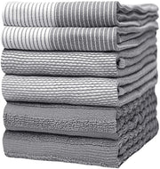 Premium Kitchen Towels (20”x 28”, 6 Pack) | Large Cotton Kitchen Hand Towel | Flat & Terry Dish Cloths | Highly Absorbent Tea Towels Set with Hanging Loop | Gray
