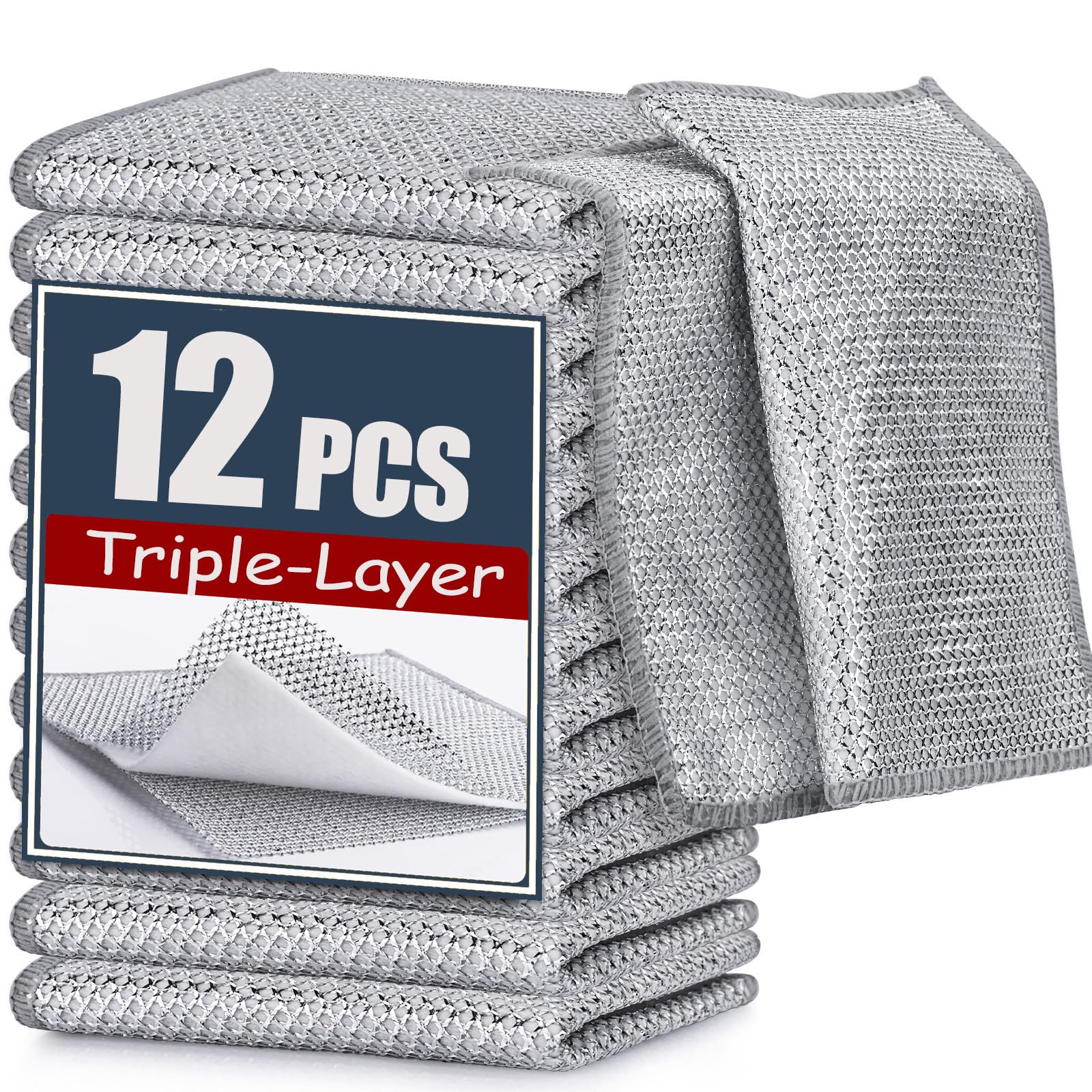 Navona 12 Pcs New Upgrade Steel Wire Dishcloth,Triple-Layer Steel Wire Cleaning Cloth,Powerful Cleaning Non-Scratch Wire Dishcloth Rag for Cookware, Sinks, Dishes, Stove Tops