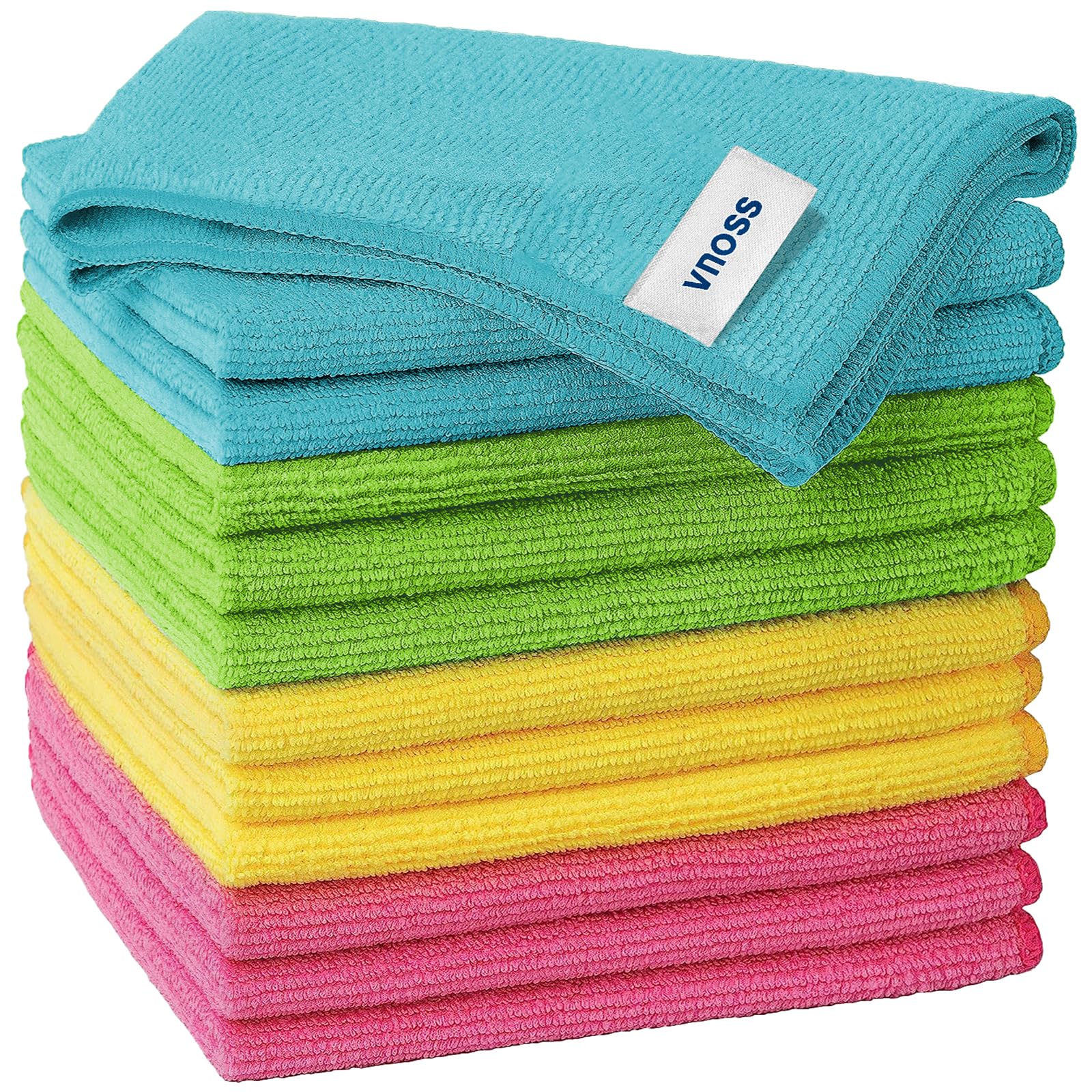 Vnoss Microfiber Cleaning Cloth, Pack of 12 Cleaning Rag, Super Absorbent and Lint Free Cleaning Towels with 4 Color Assorted, 12"X12"(Blue/Green/Yellow/Pink)